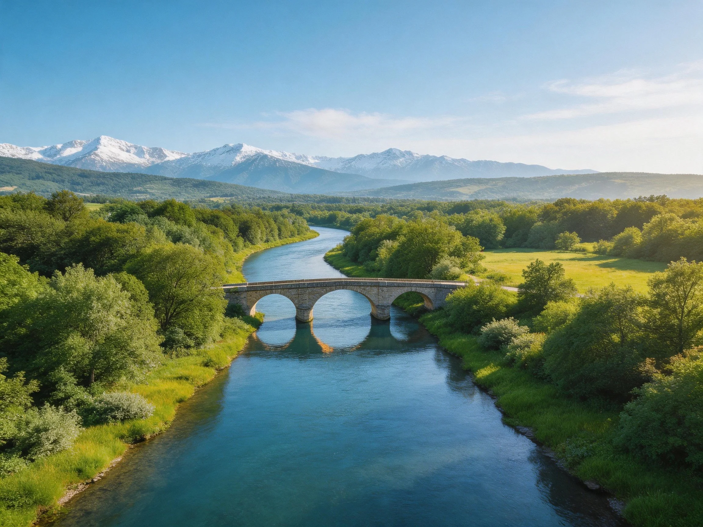 A stone arch bridge spans a winding blue river near snow-capped mountains