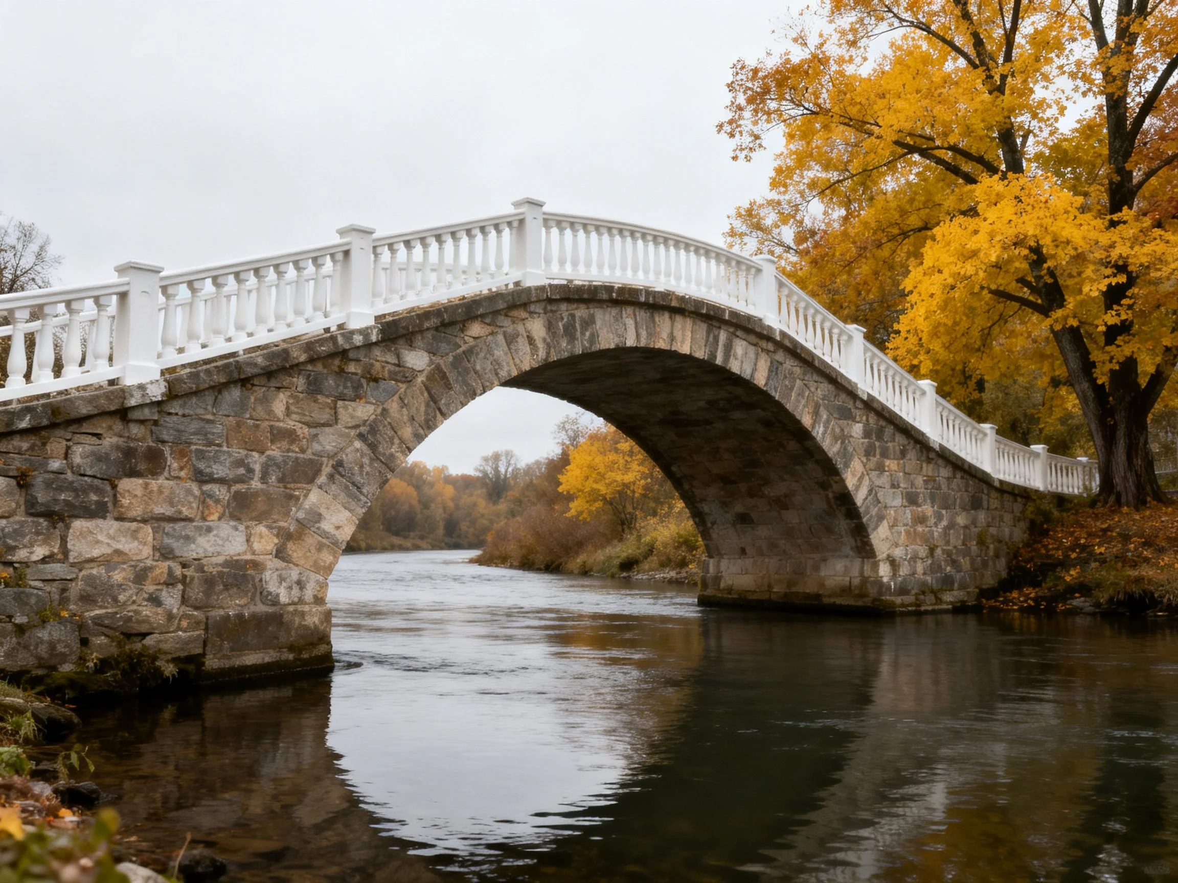A stone arch bridge with white railings over calm water amid golden fall foliage