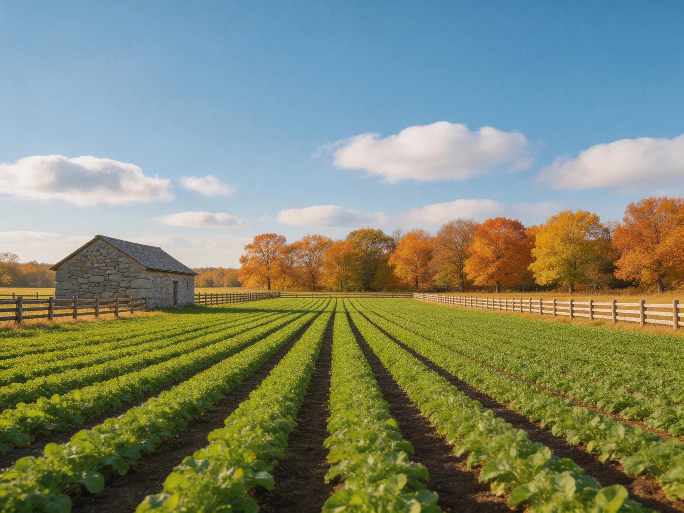 A stone barn beside green crop rows with autumn trees