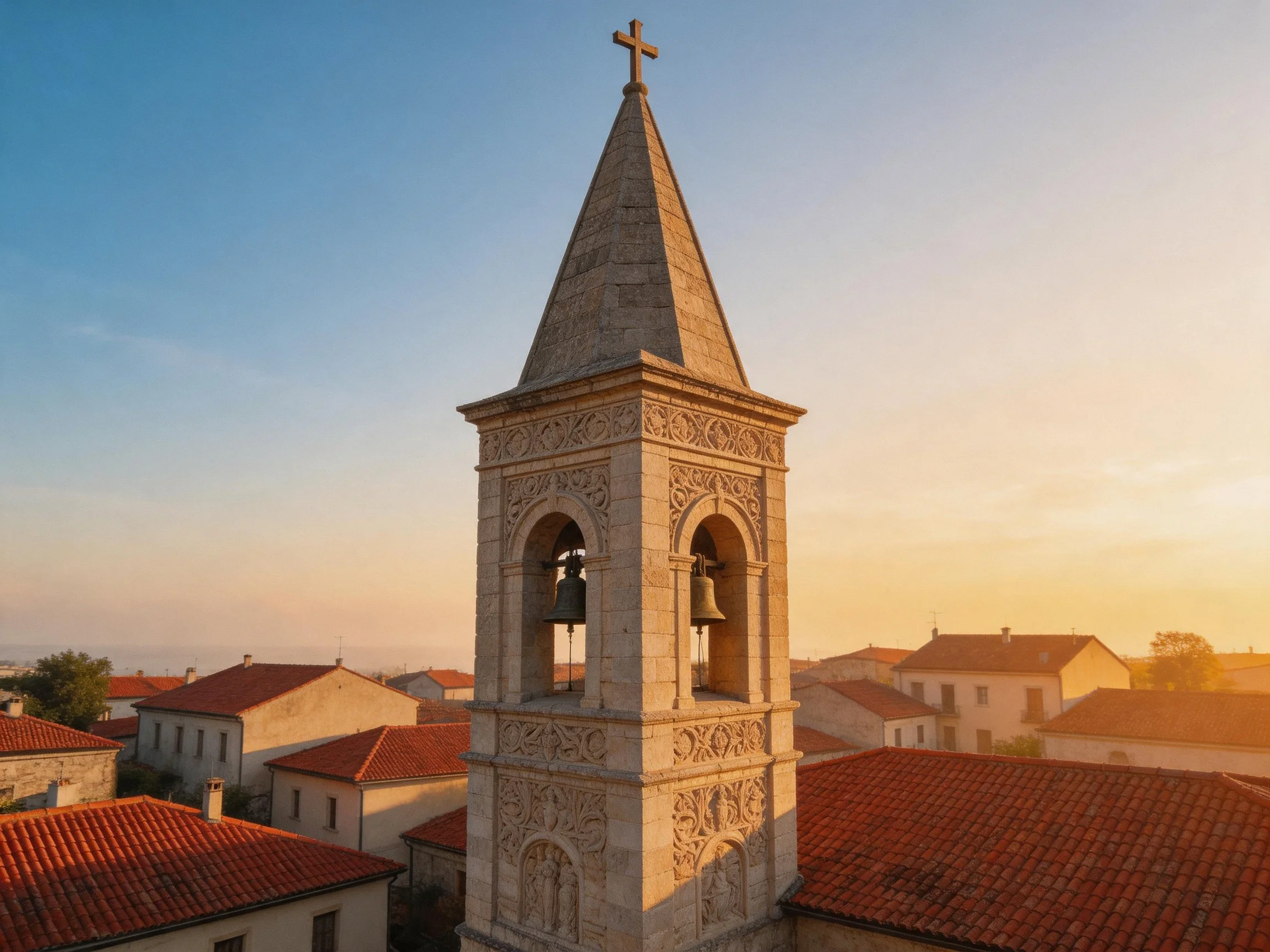 A stone bell tower with a cross, red roofs, and sunset sky