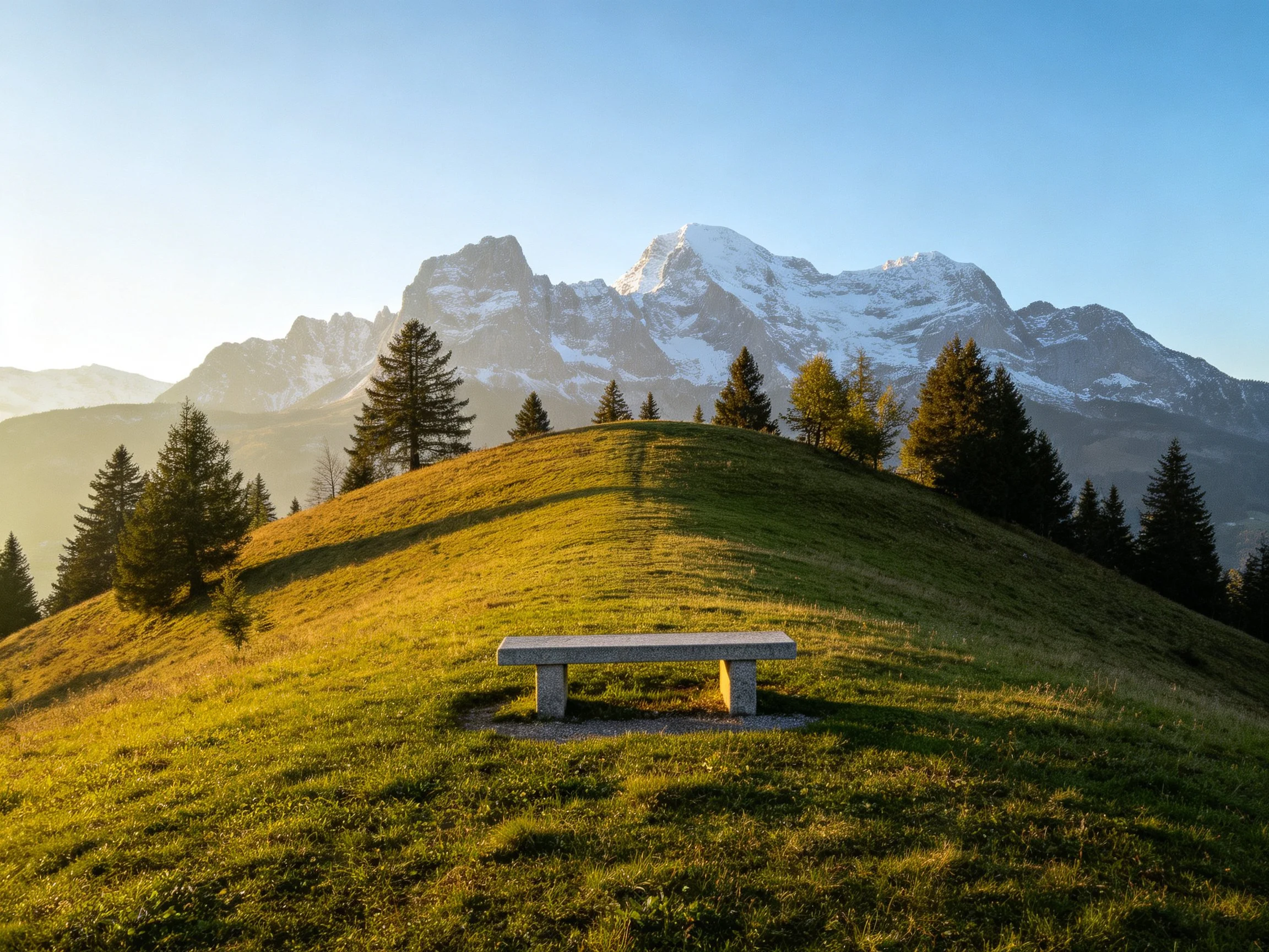 A stone bench sits atop a grassy hill with pine trees and snow-capped mountains