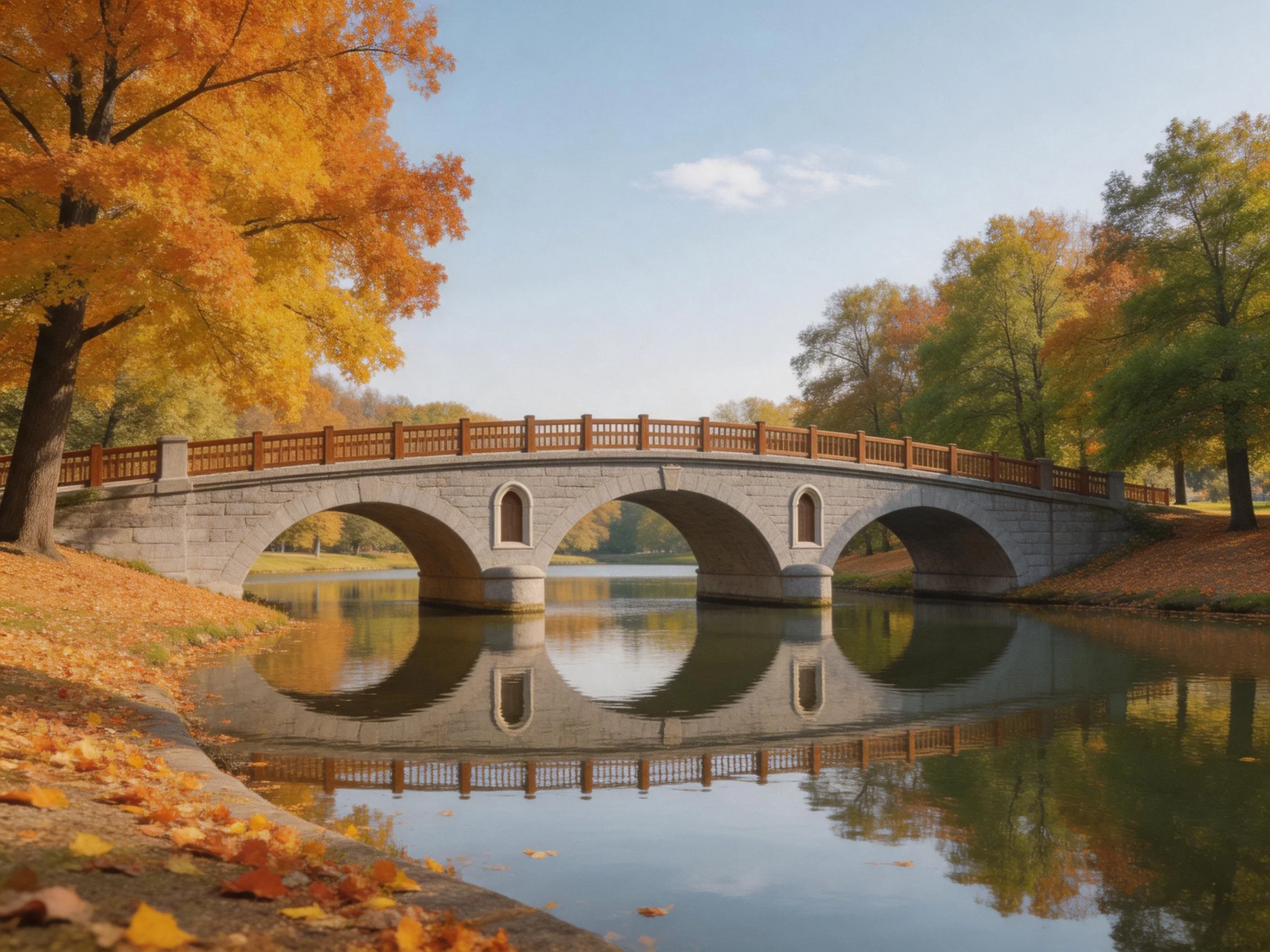 A stone bridge spans a calm pond amid vibrant autumn foliage