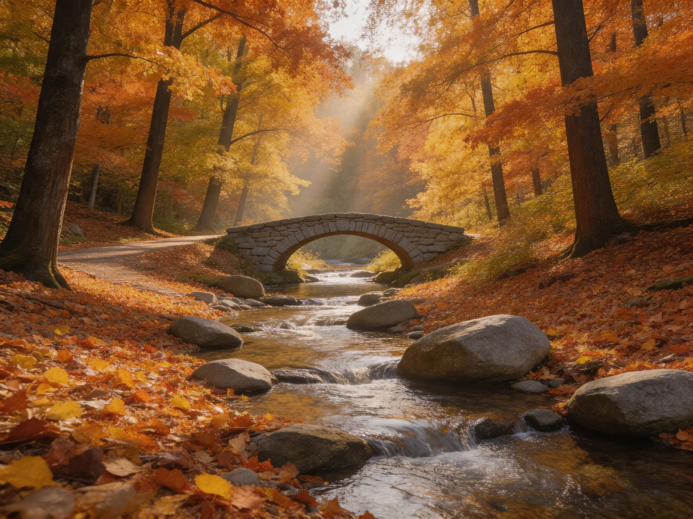 A stone bridge spans a rocky stream amid vibrant fall forest