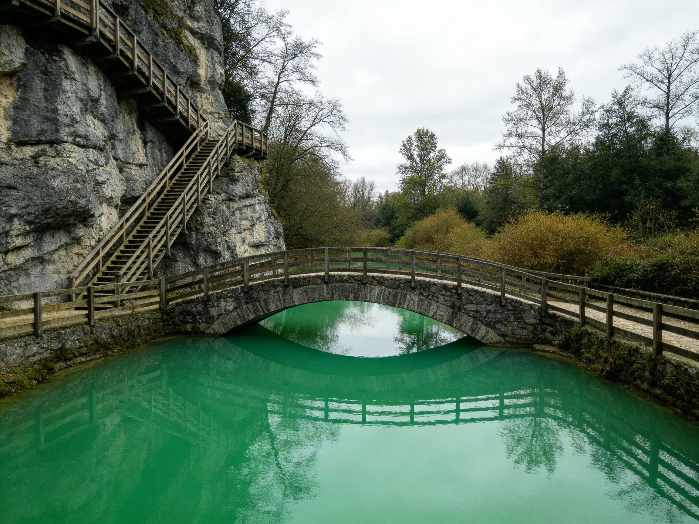 A stone bridge spans turquoise water near a rocky cliffside staircase.