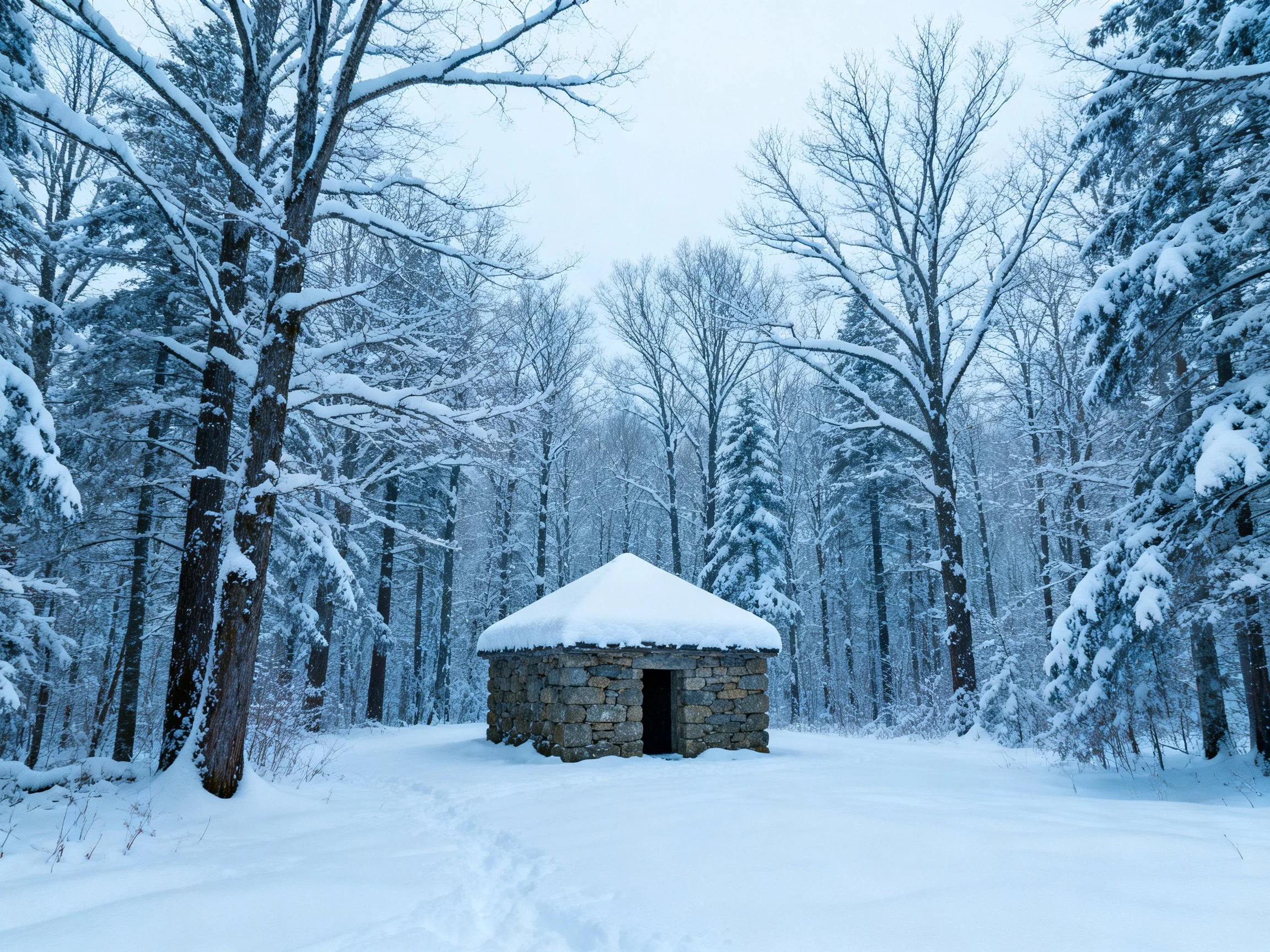 A stone cabin nestled among snow - laden winter trees