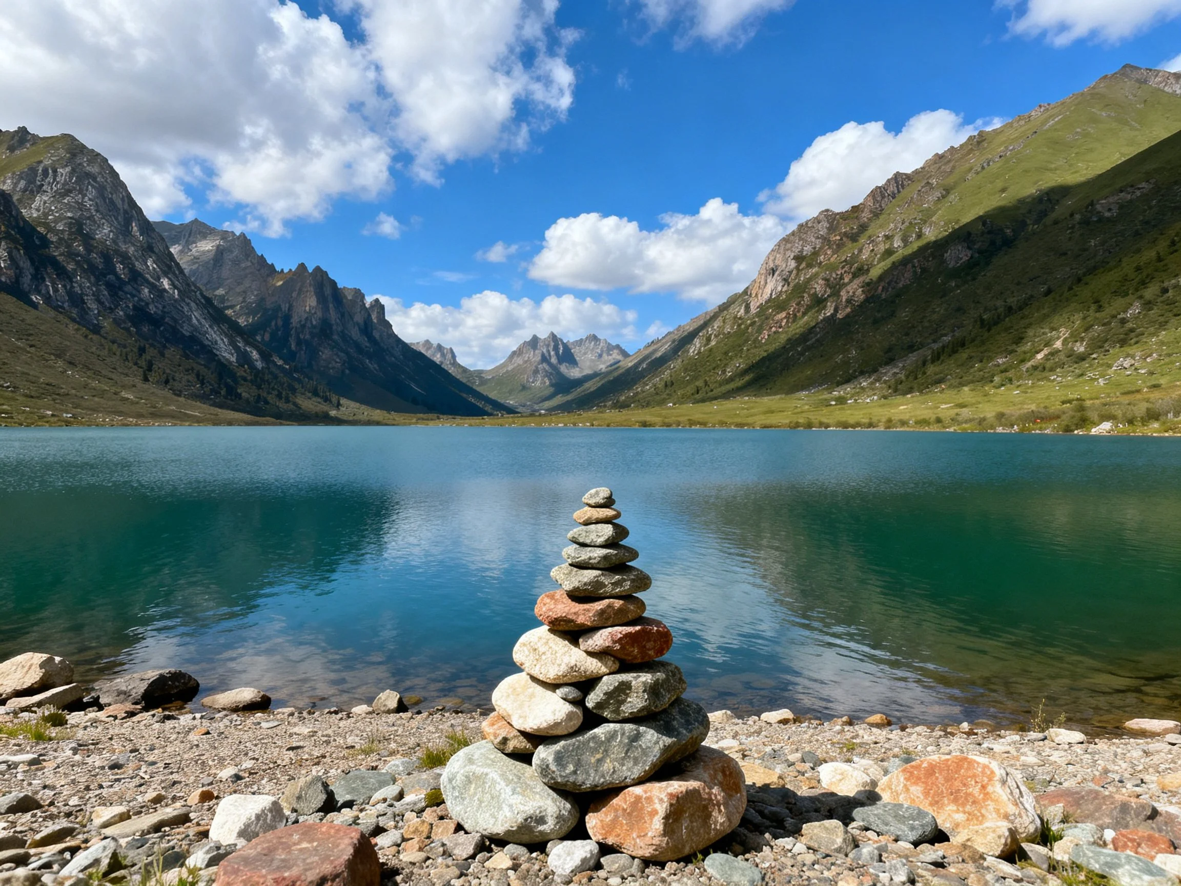 A stone cairn by a turquoise lake with green mountain slopes
