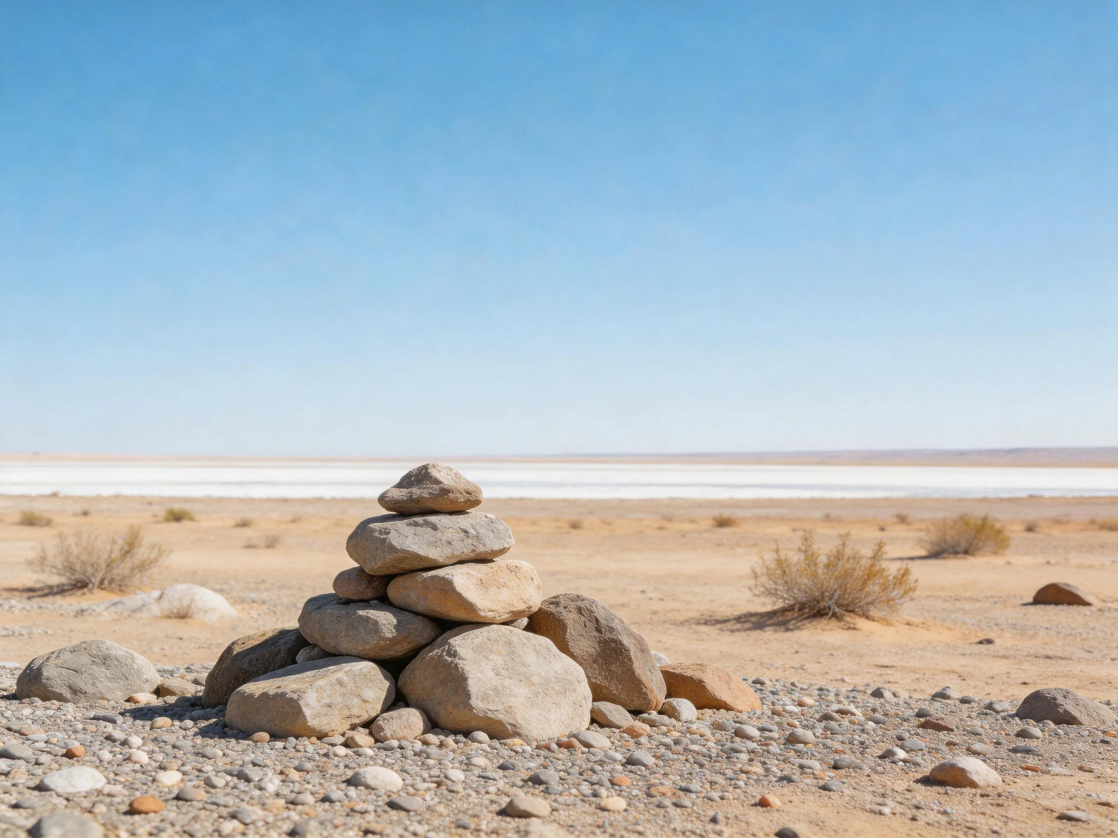 A stone cairn stands near a vast white salt flat