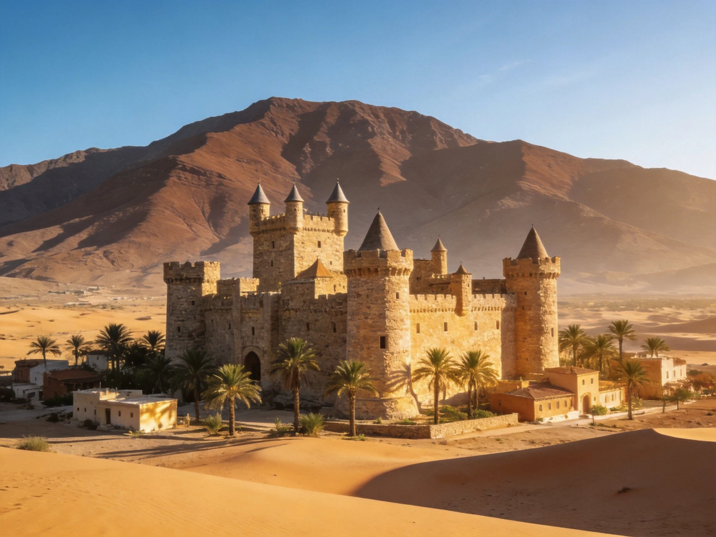 A stone castle with towers near sandy dunes and brown mountains
