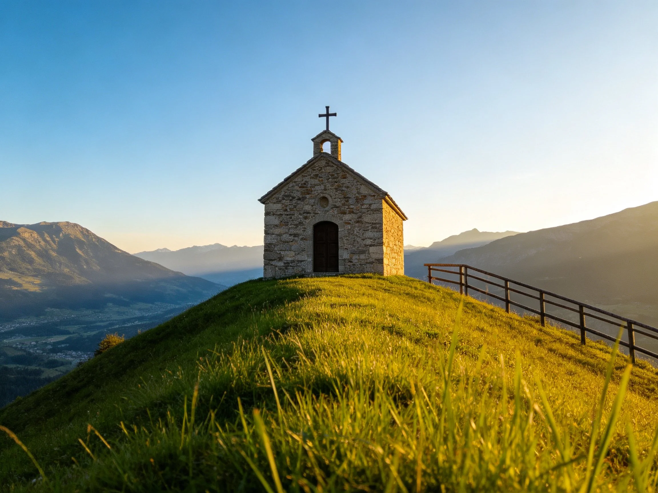 A stone chapel atop a grassy hill with mountain backdrop