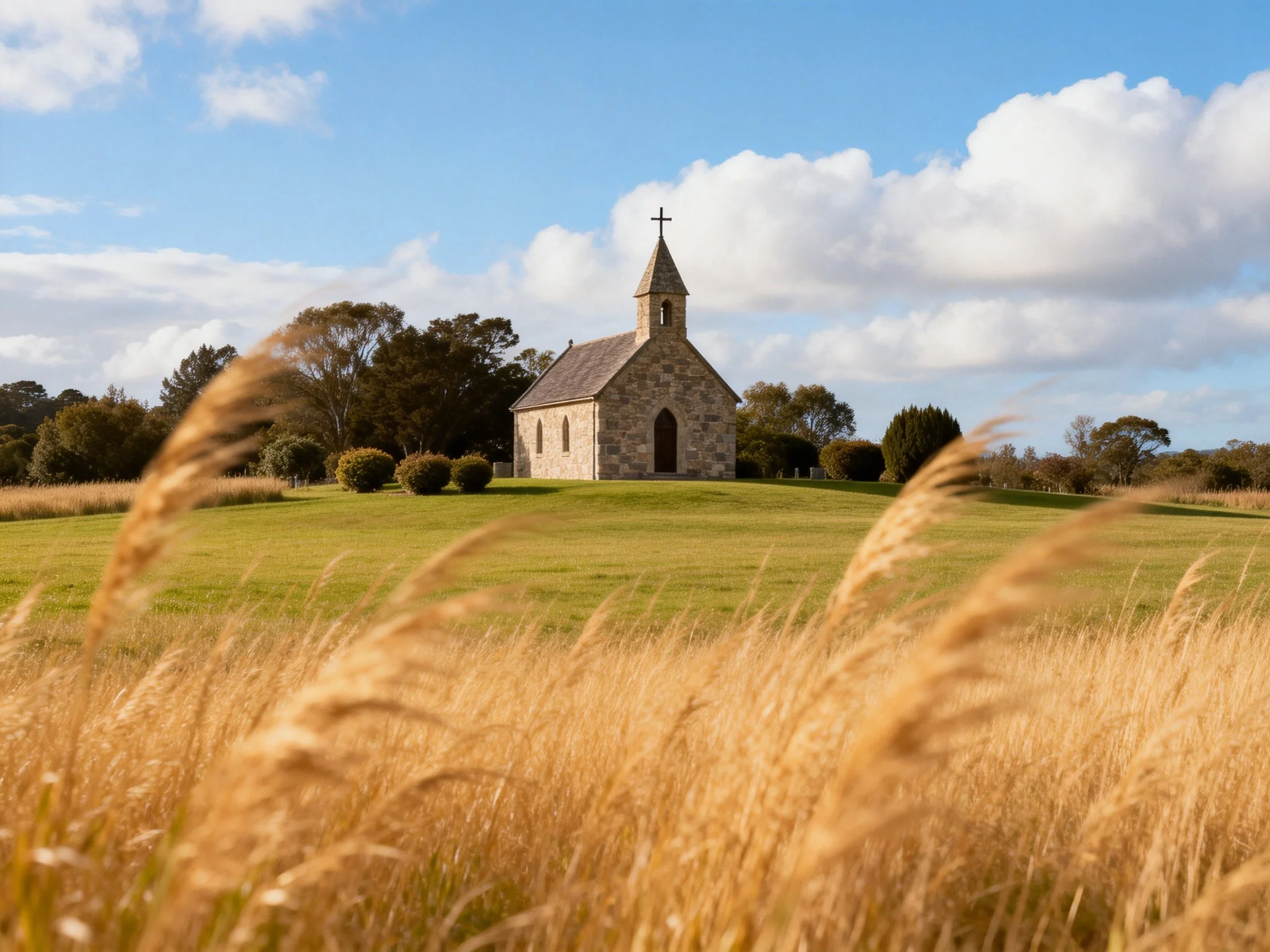 A stone chapel in golden fields under blue skies