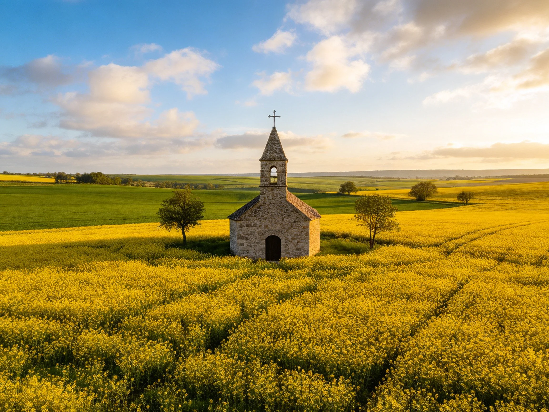 A stone chapel nestled among golden fields and green pastures