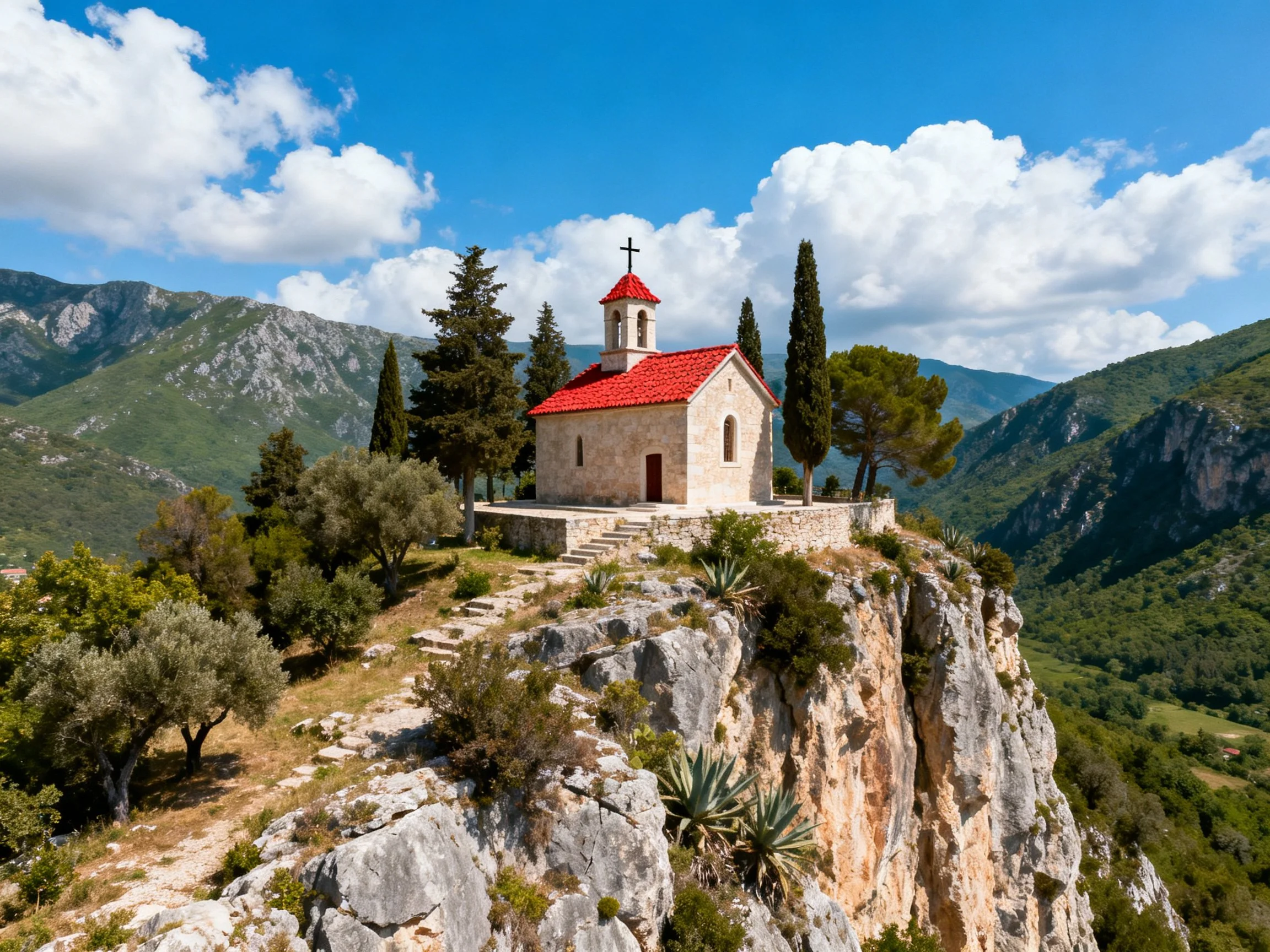 A stone chapel with red roof atop a rocky cliff surrounded by trees