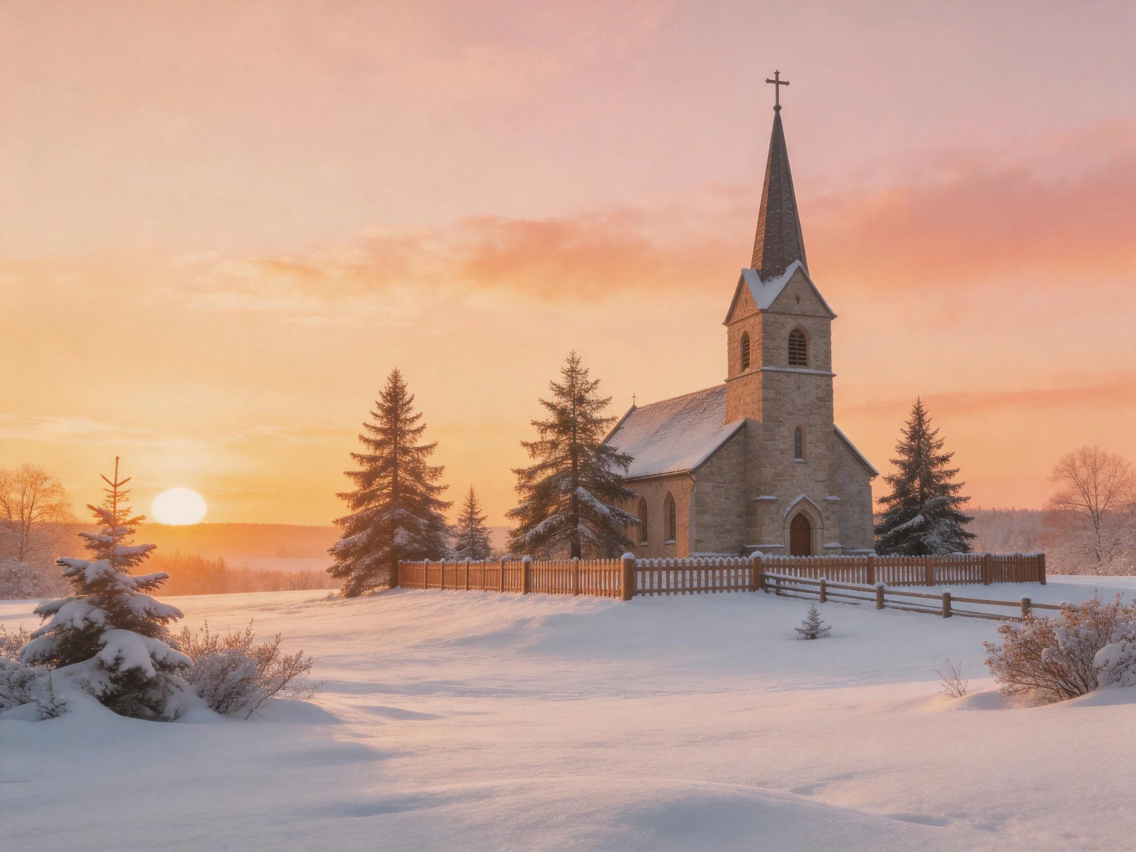A stone church surrounded by snow-laden evergreens at sunset