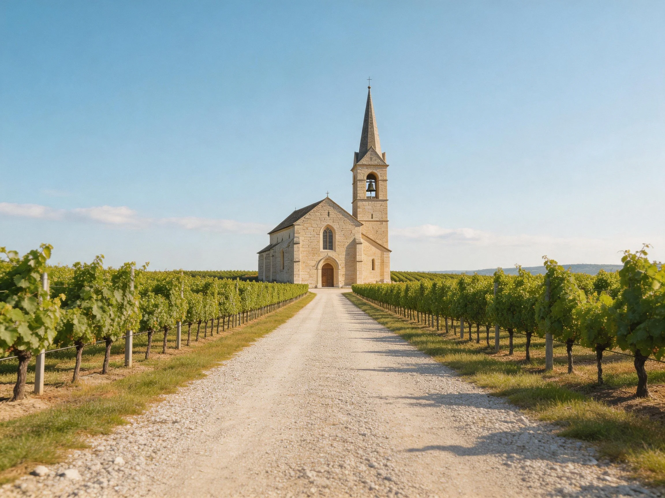 A stone church with a tall bell tower beside vineyard rows