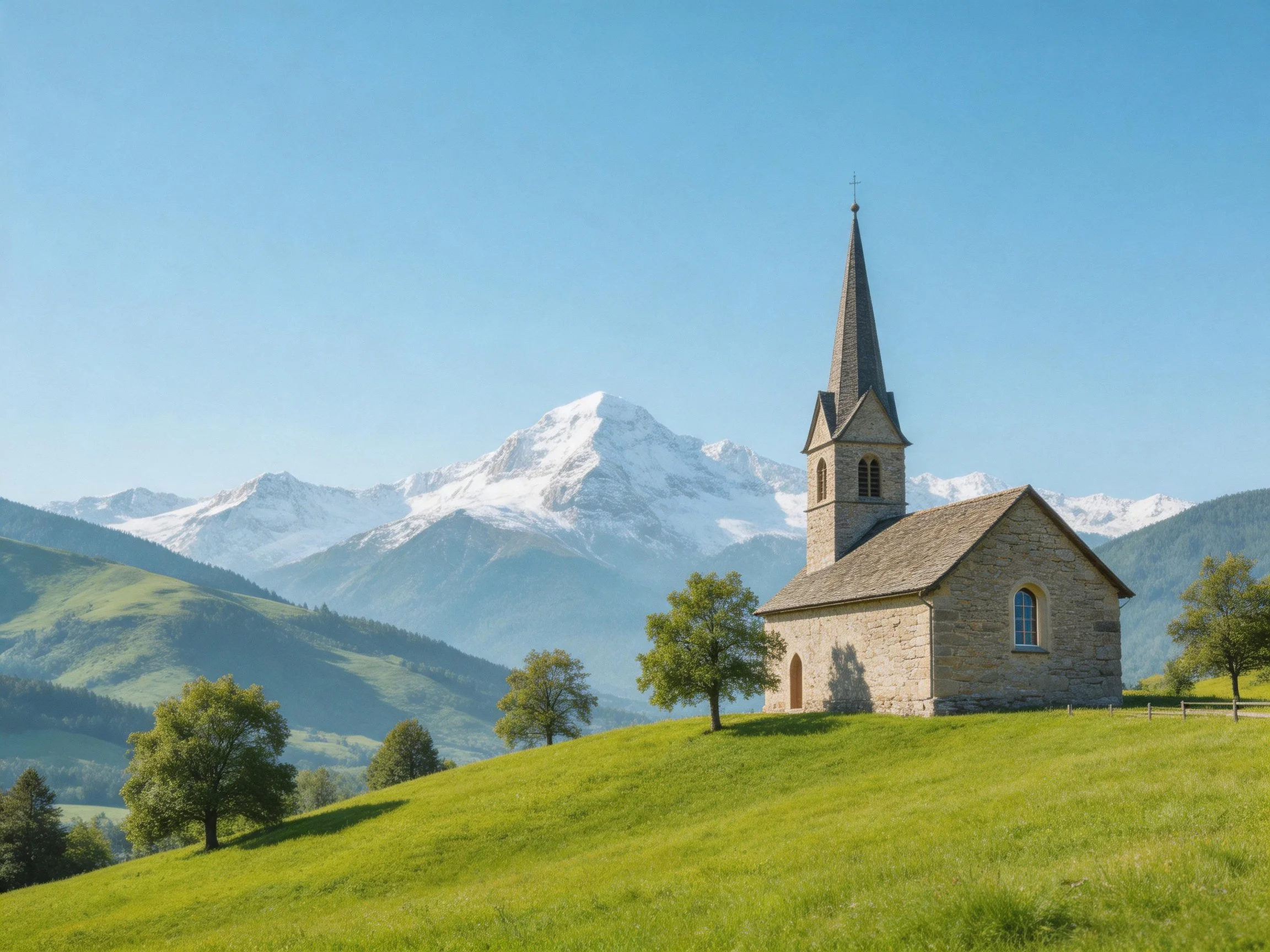 A stone church with a tall spire near snow-capped mountains