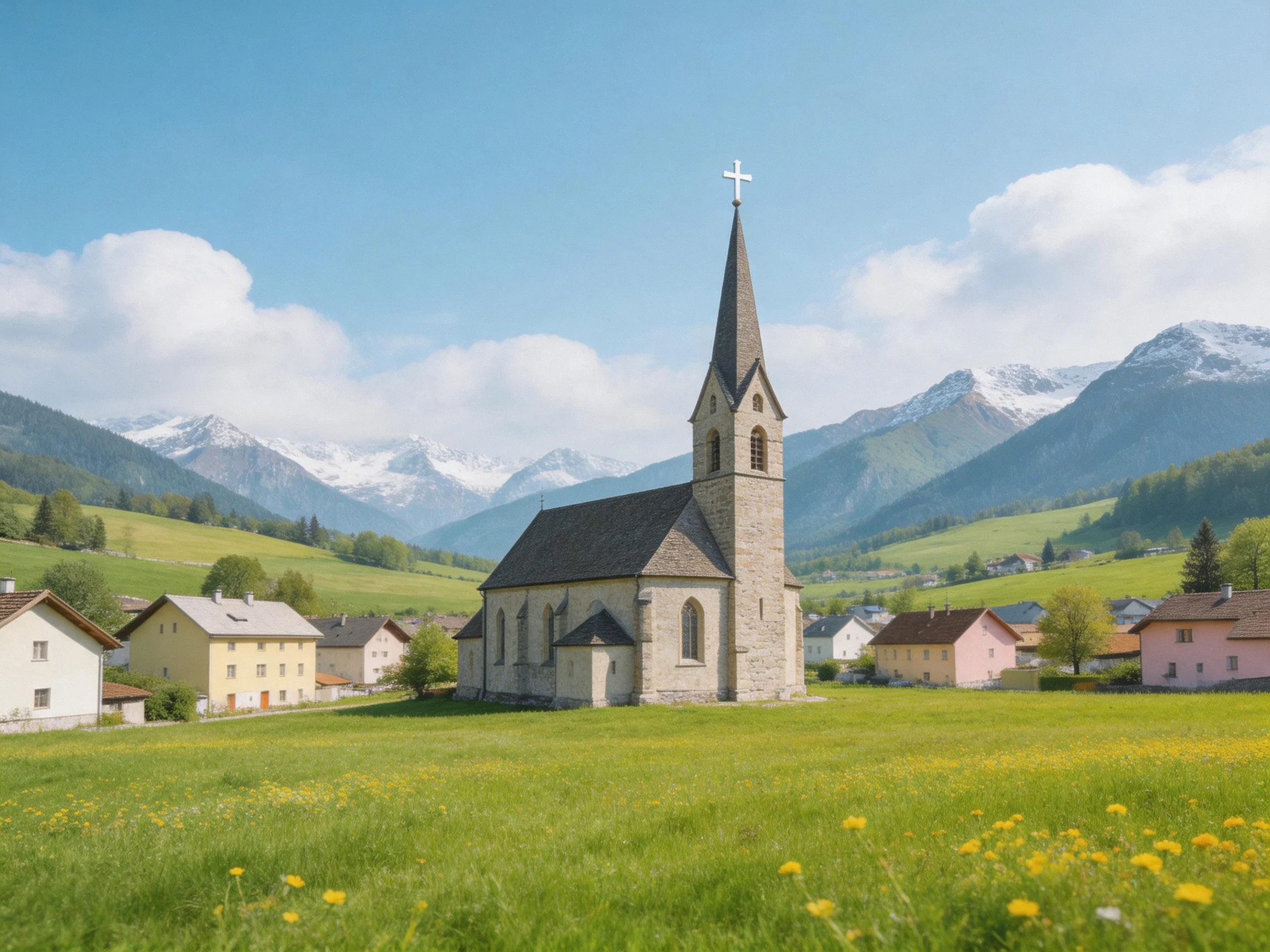 A stone church with a tall steeple in a village near green meadows and snowy mountains