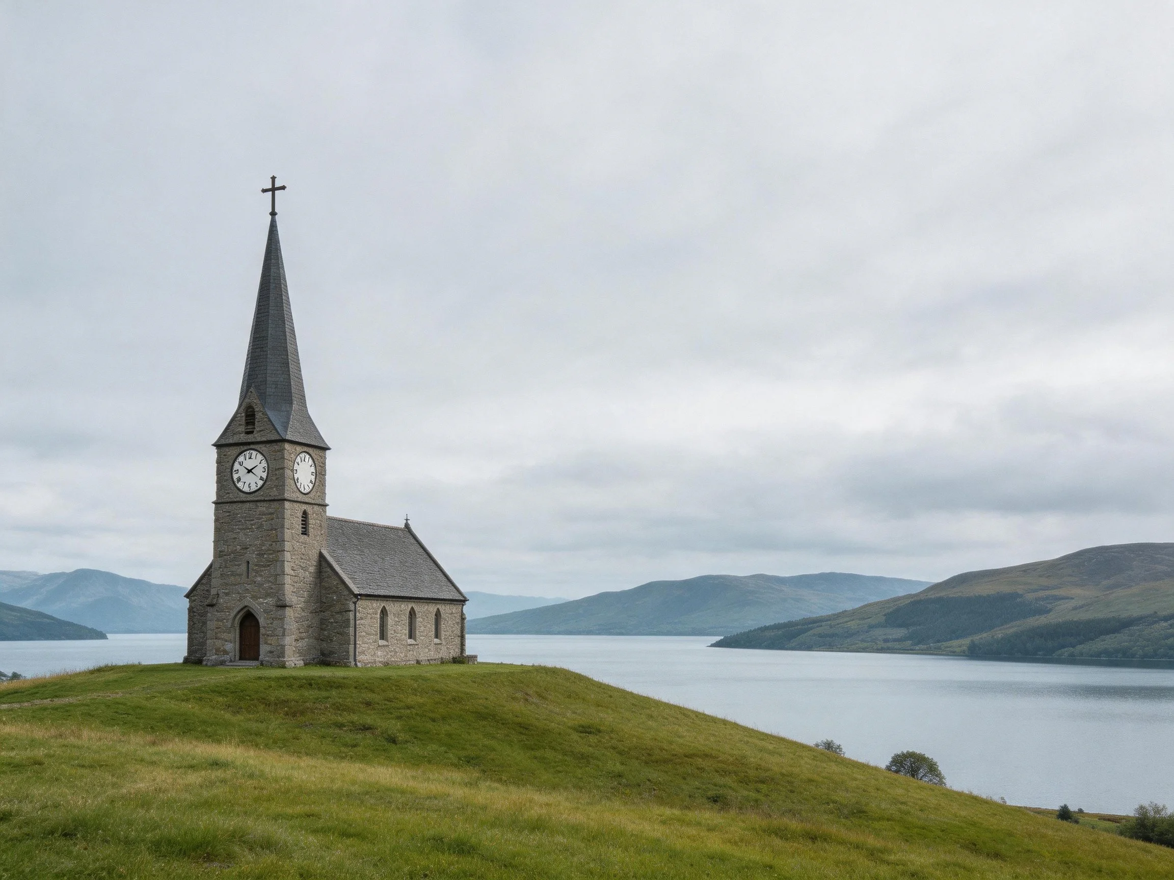 A stone church with clock tower near a calm lake