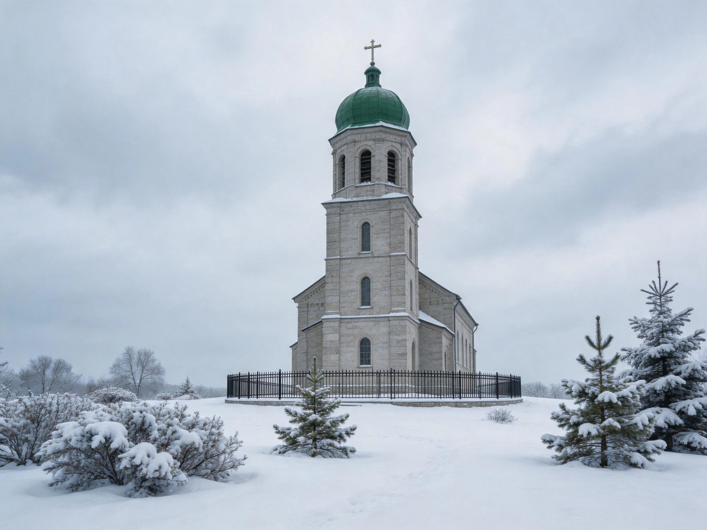A stone church with green domed tower in snowy landscape