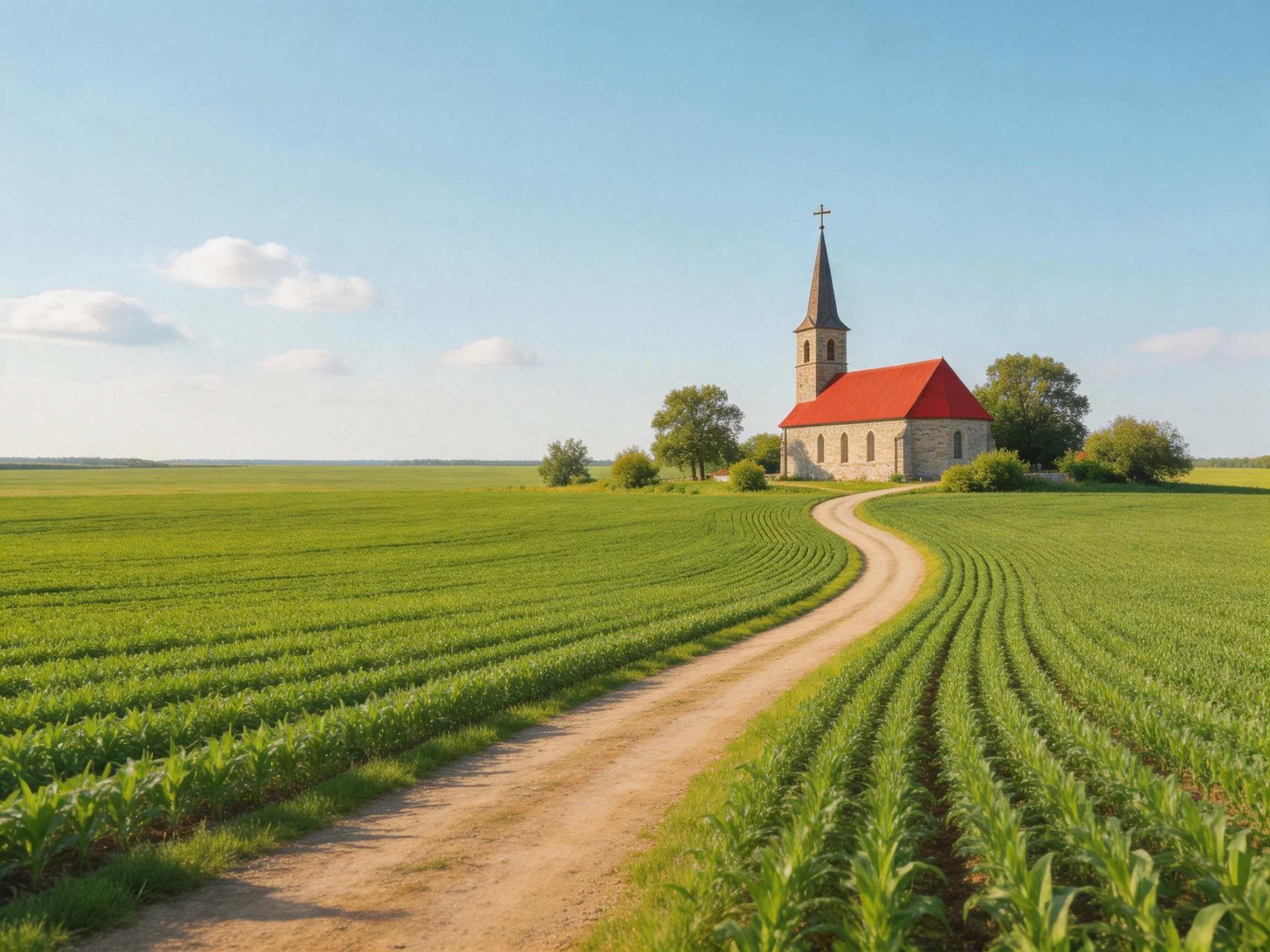 A stone church with red roof near green fields and dirt path