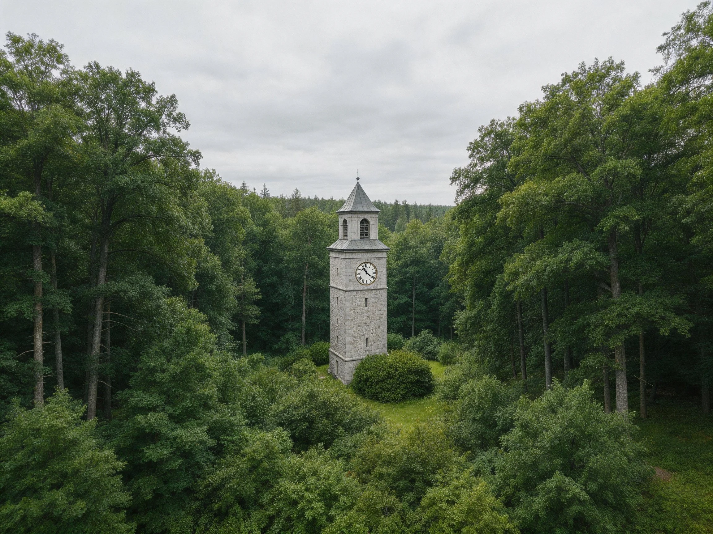 A stone clock tower nestled among dense green forests