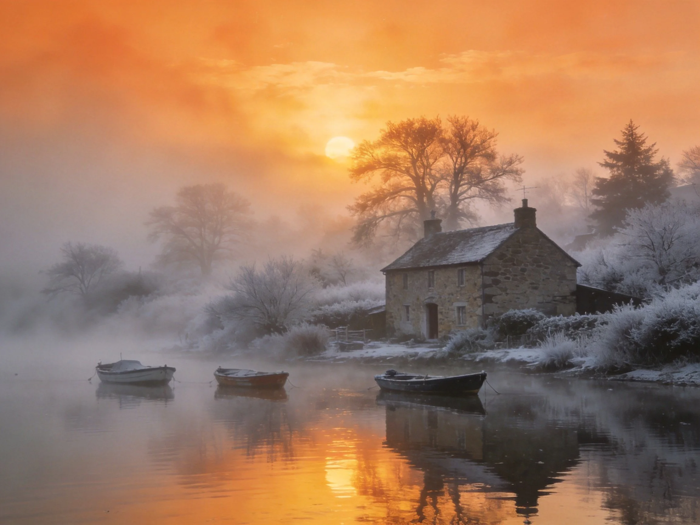 A stone cottage beside a misty winter river with three boats