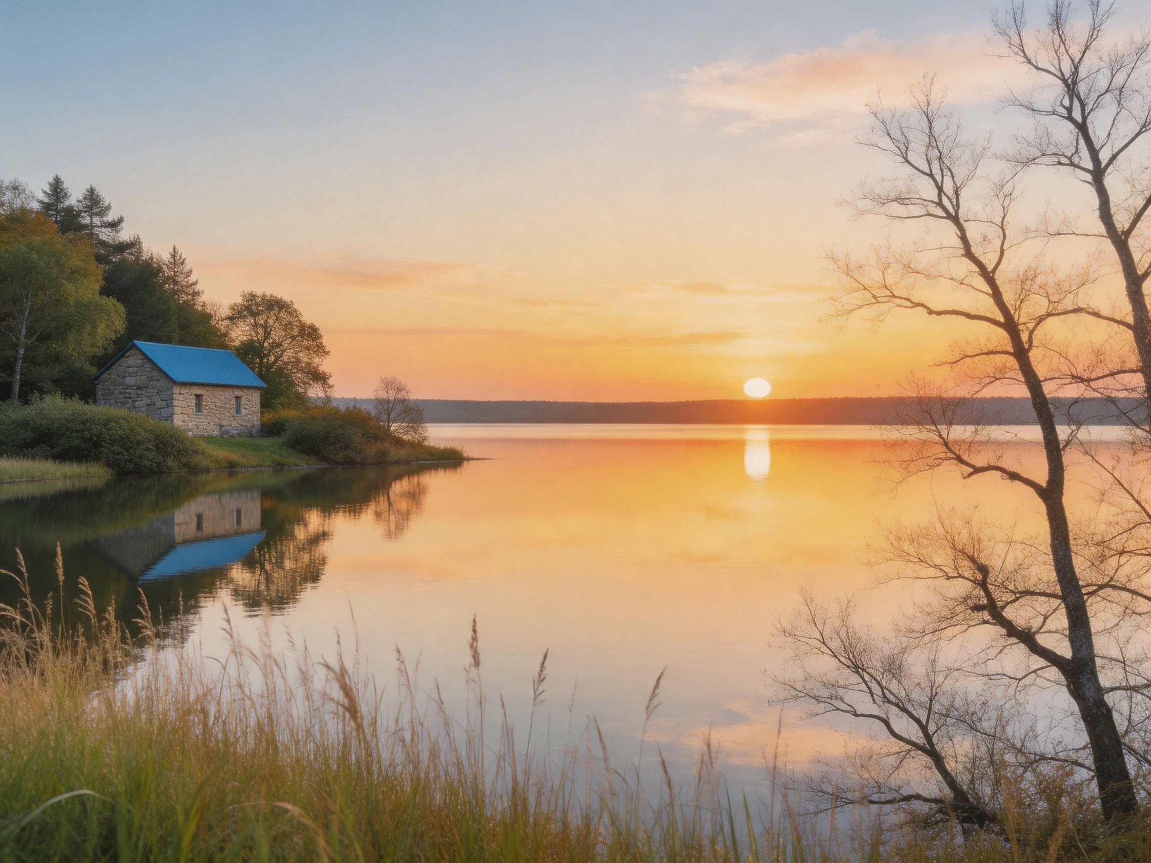 A stone cottage by tranquil lake at golden sunset