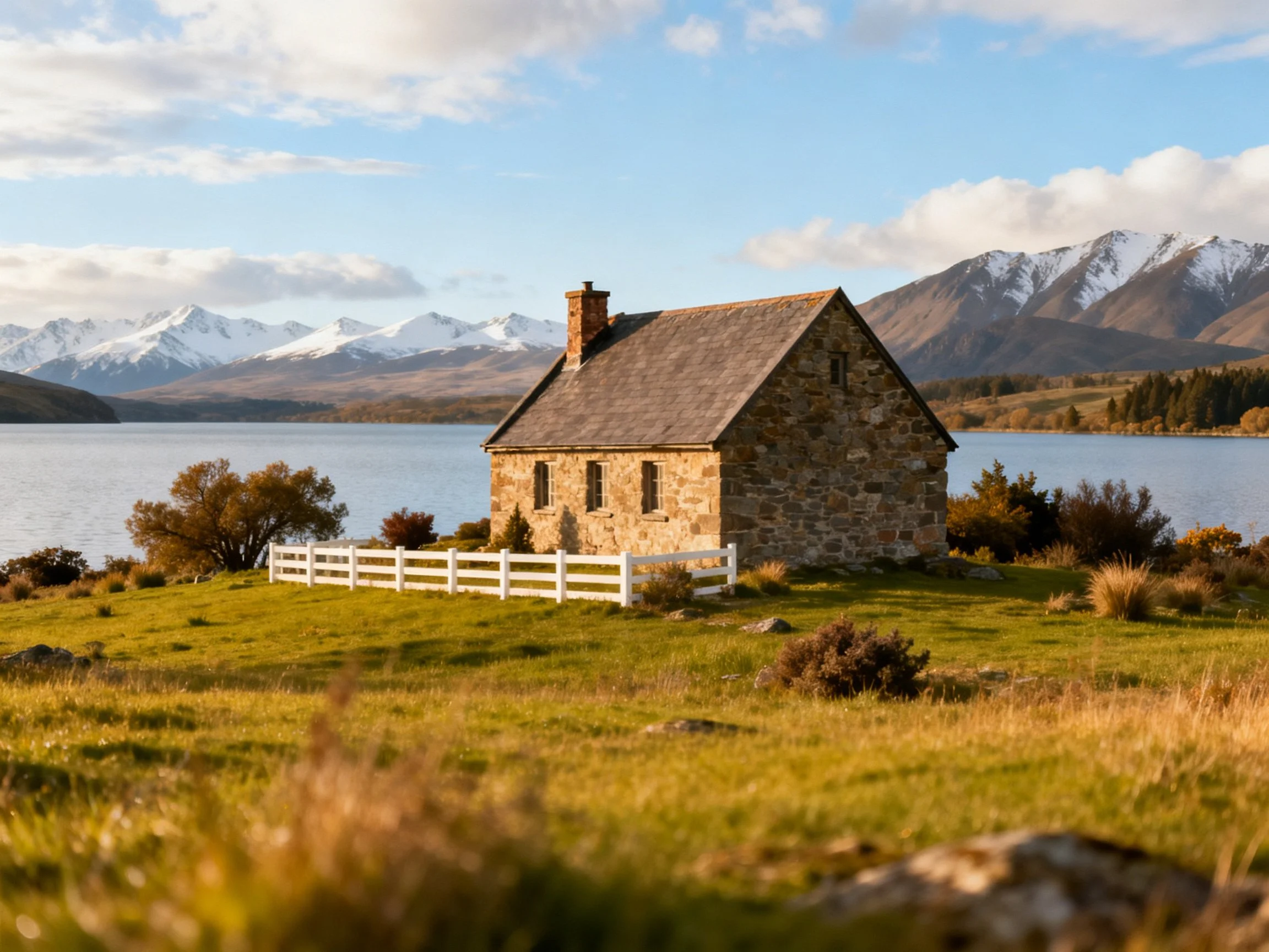 A stone cottage near a calm lake with snow-capped mountains