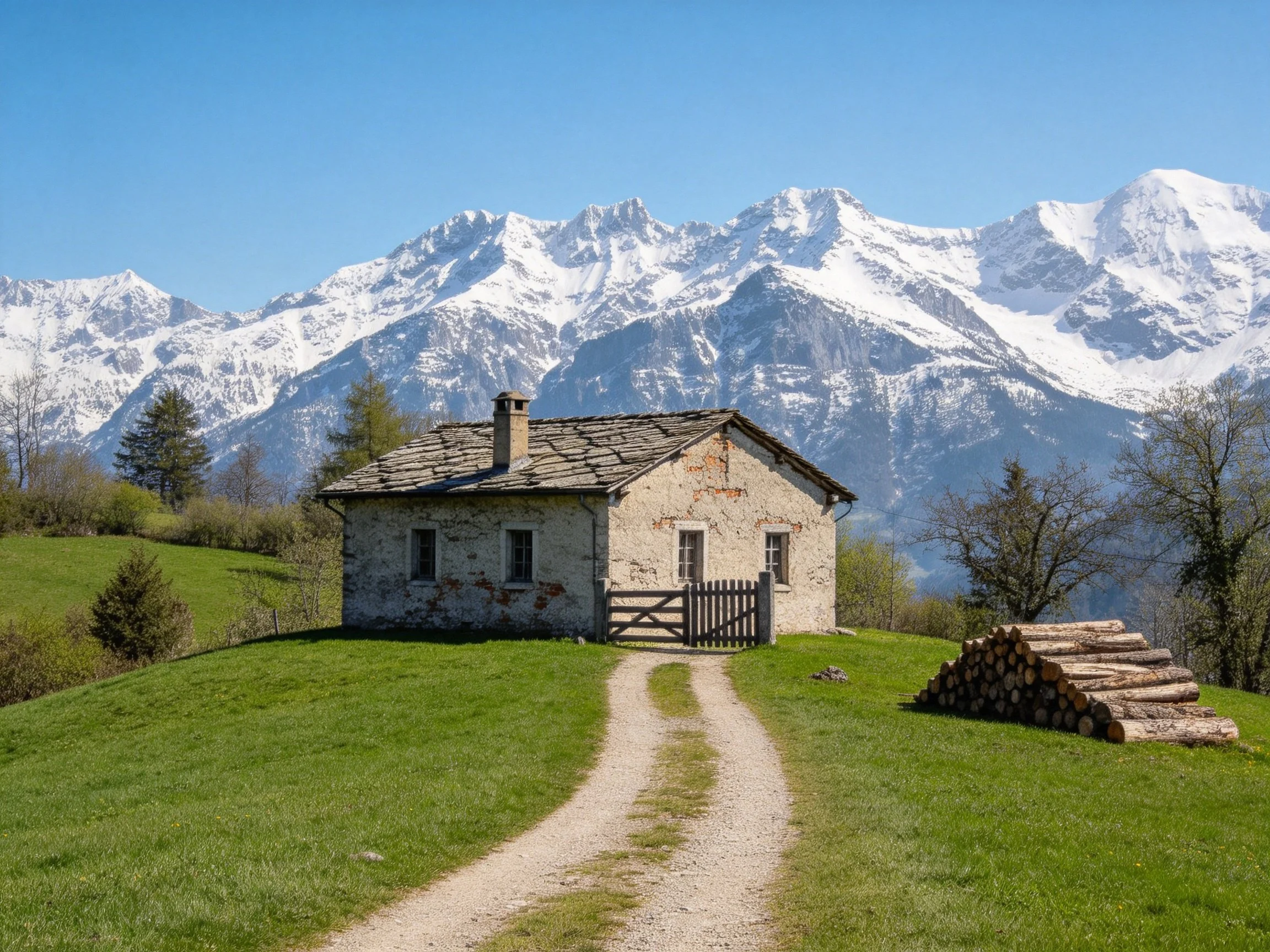 A stone cottage near snow-capped mountains with stacked firewood