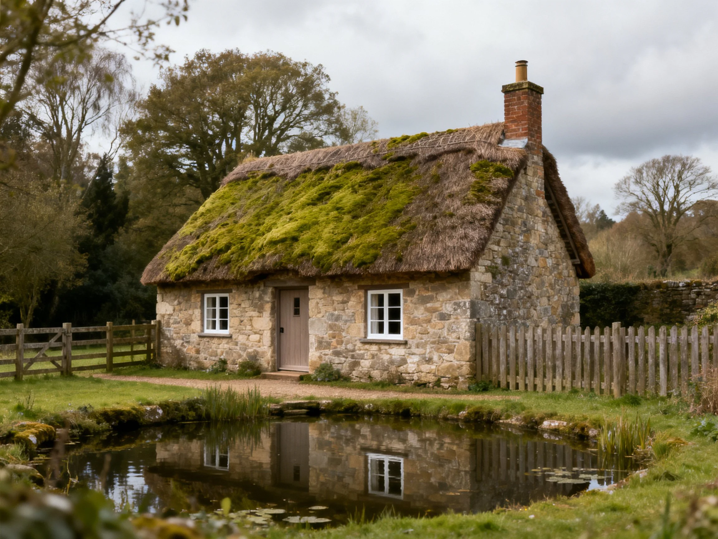 A stone cottage with a moss-covered thatch roof near a small pond