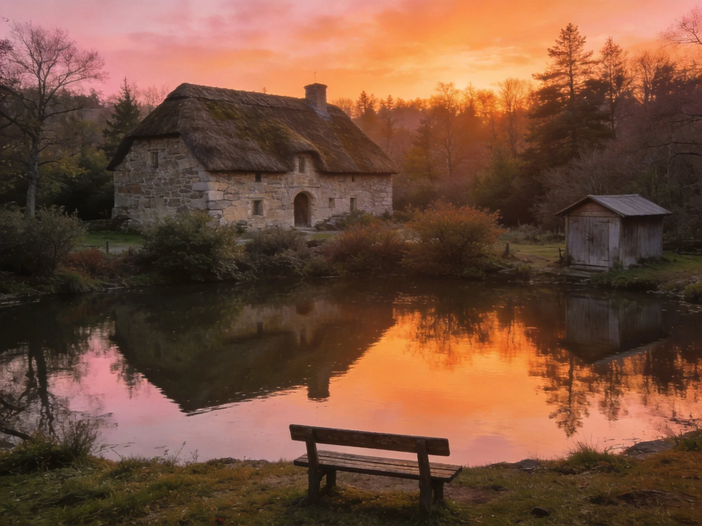 A stone cottage with a thatched roof beside a reflective pond at sunset