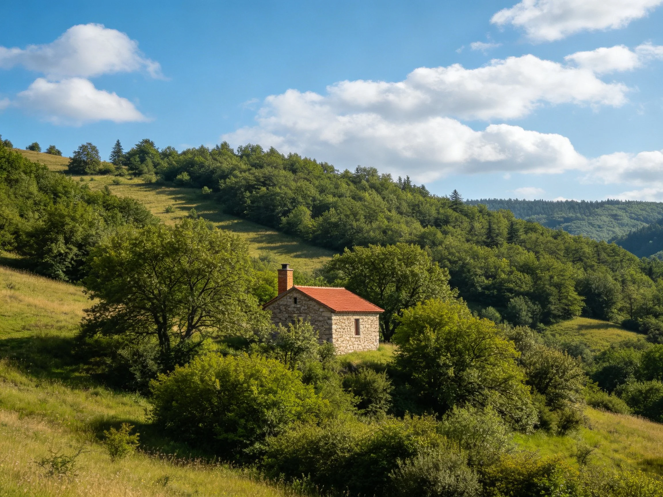 A stone cottage with red roof amidst rolling green hills and forests