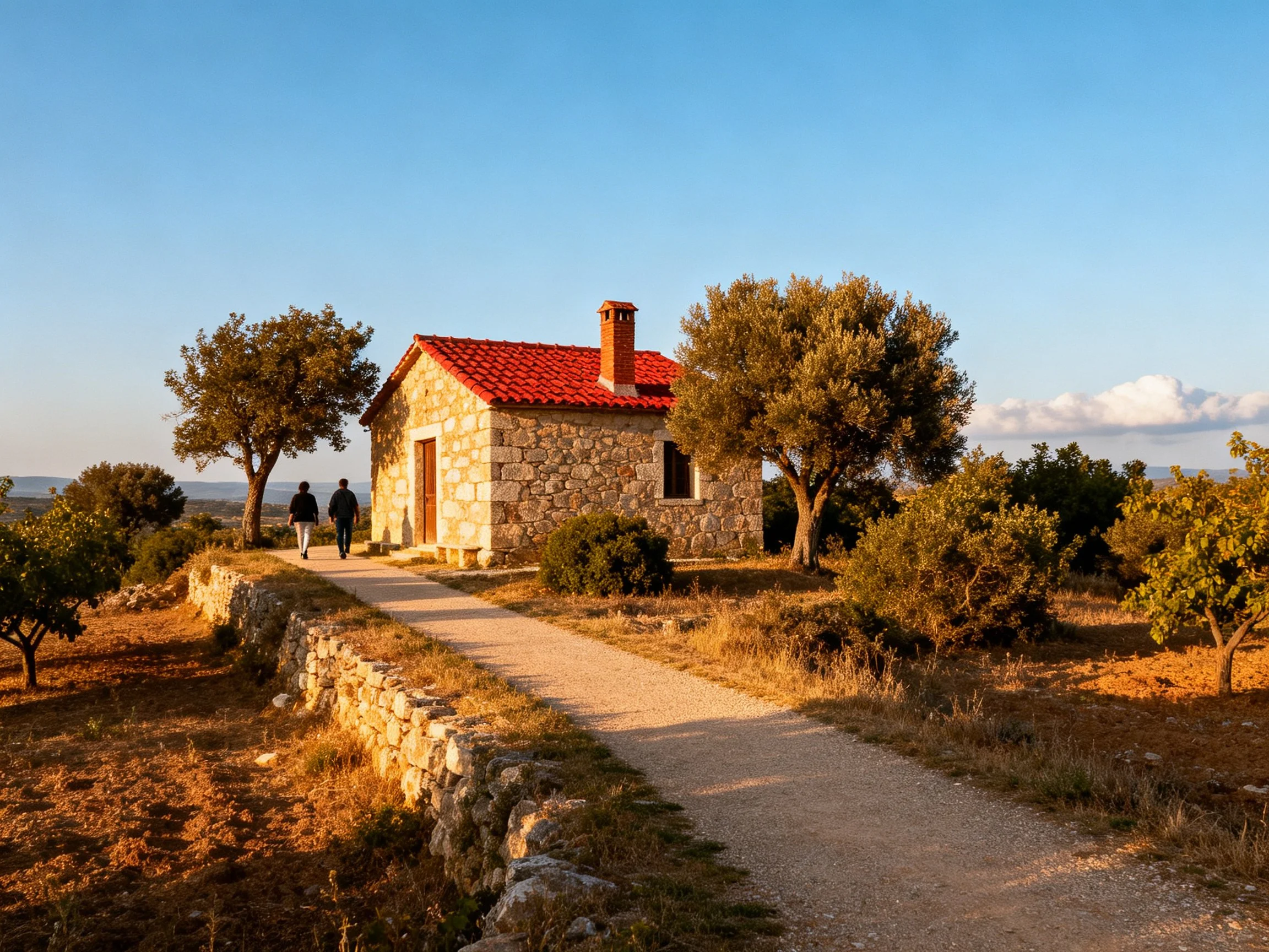 A stone cottage with red roof near olive trees and a dirt path
