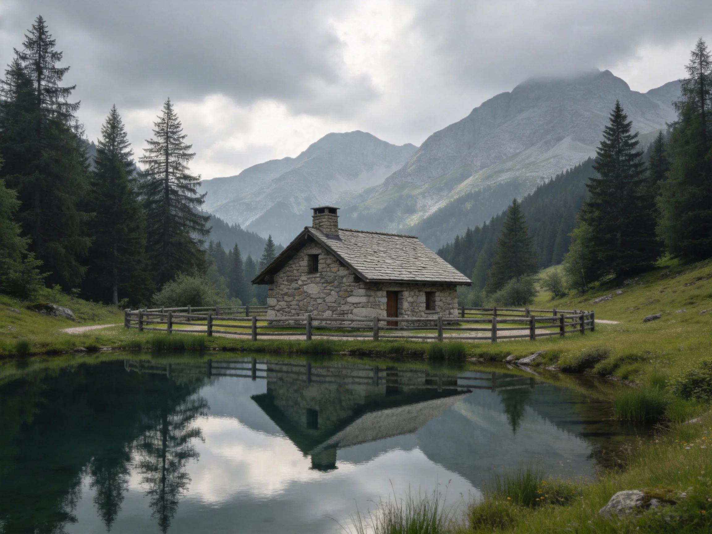A stone cottage with wooden fence reflects in mountainous forest pond
