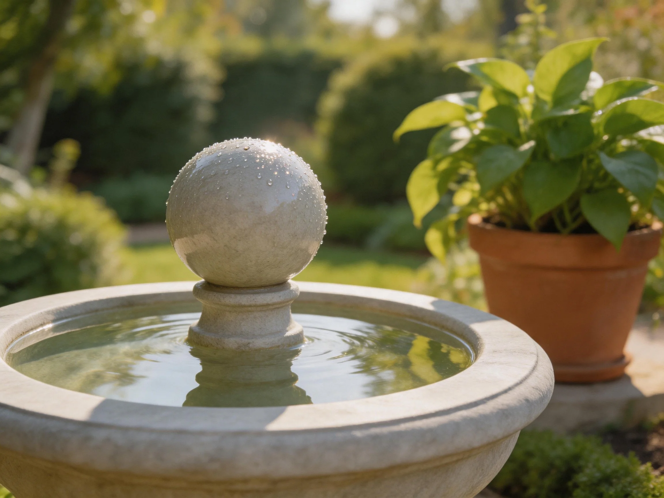 A stone fountain with a spherical centerpiece near terracotta pot