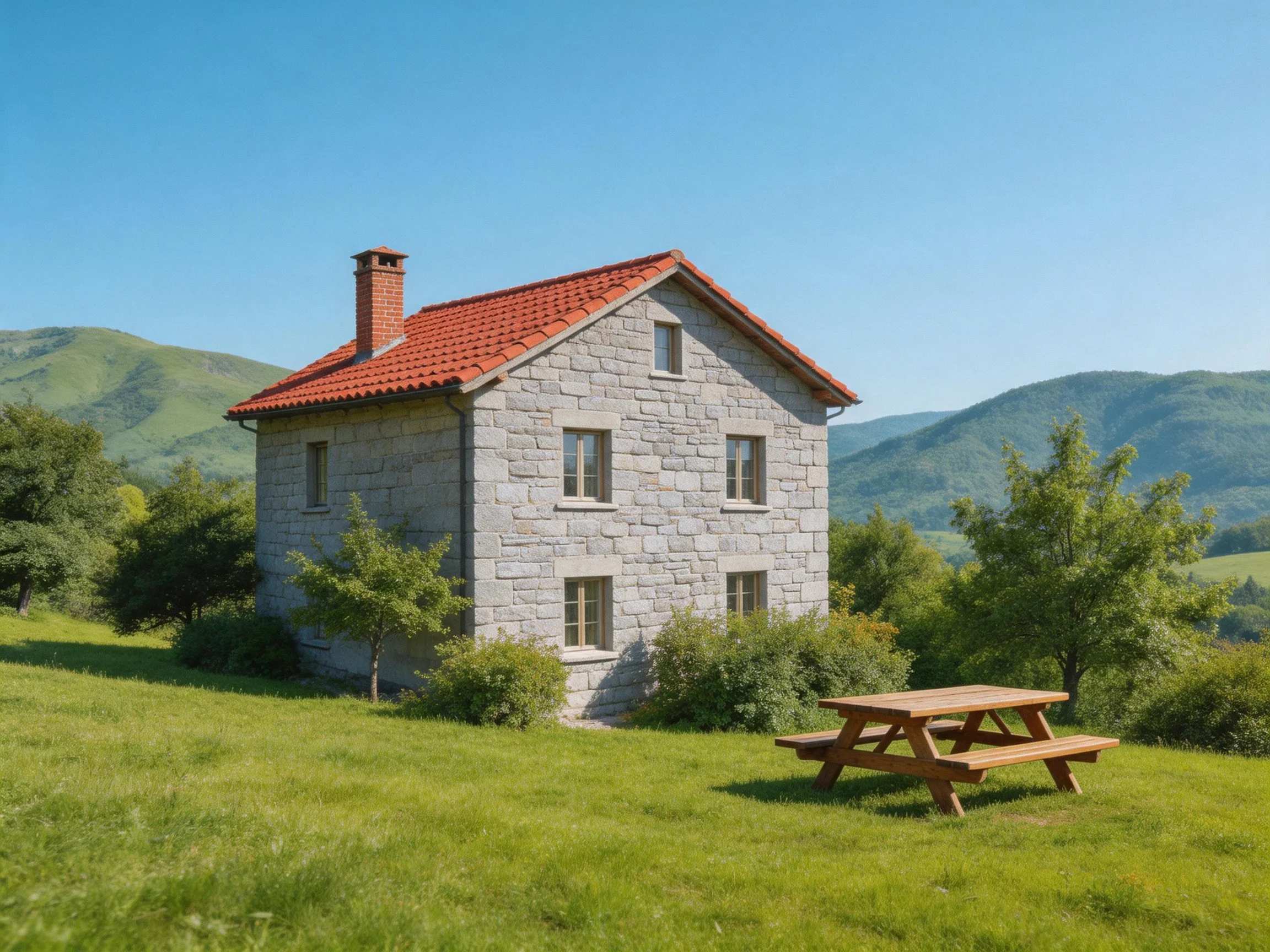 A stone house with red roof near green hills and picnic table