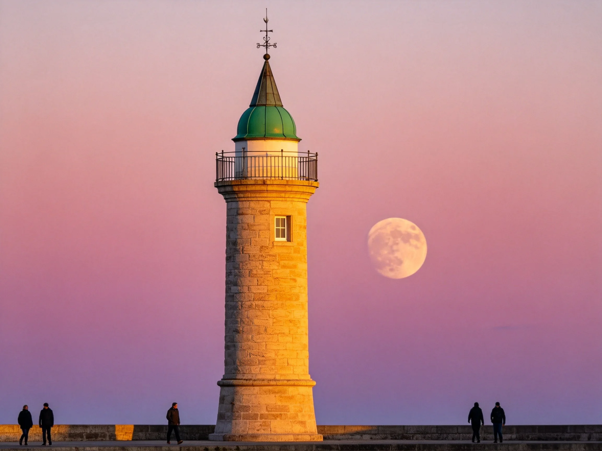 A stone lighthouse with green dome beside a full moon under pink-purple sky