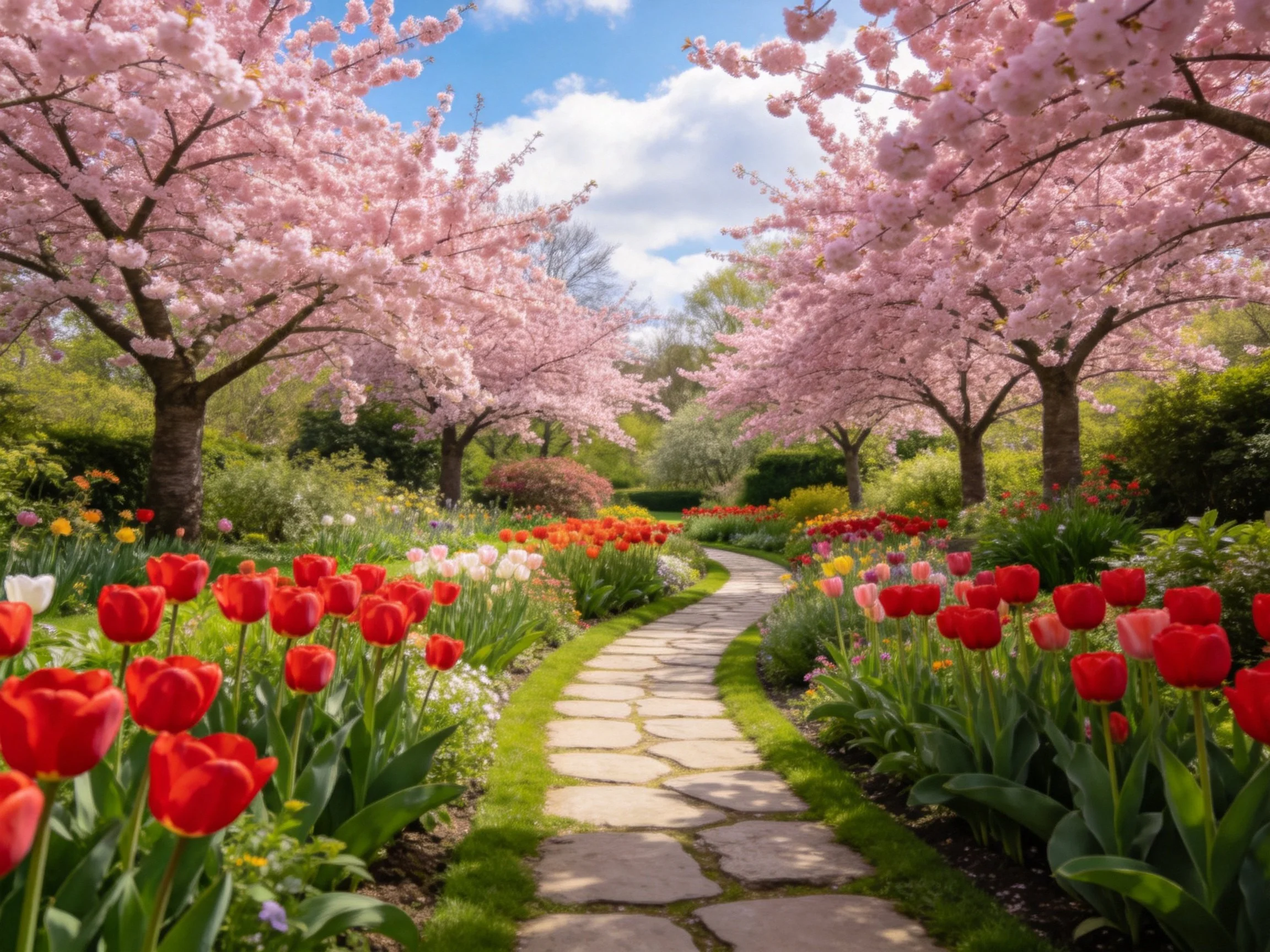 A stone path winds through blooming cherry blossom trees and colorful flower beds
