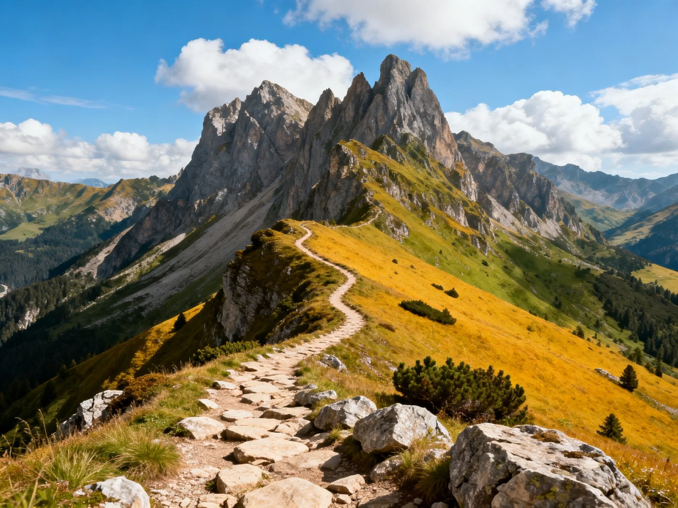 A stone path winds through golden meadows toward jagged mountain peaks