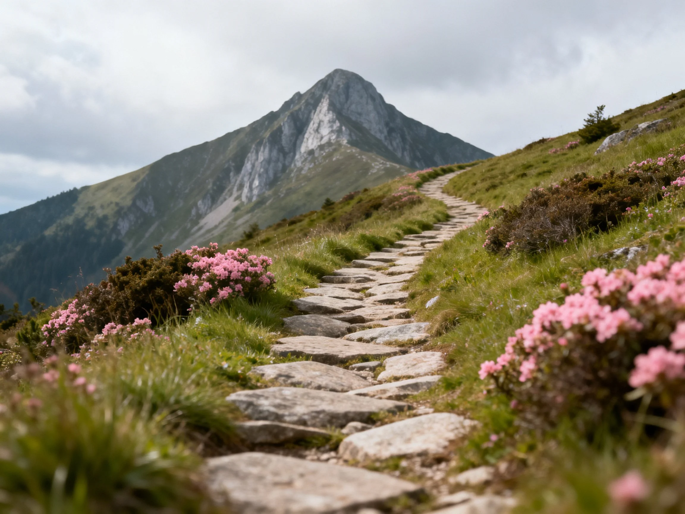 A stone path winds through pink-flowered meadows toward a towering mountain