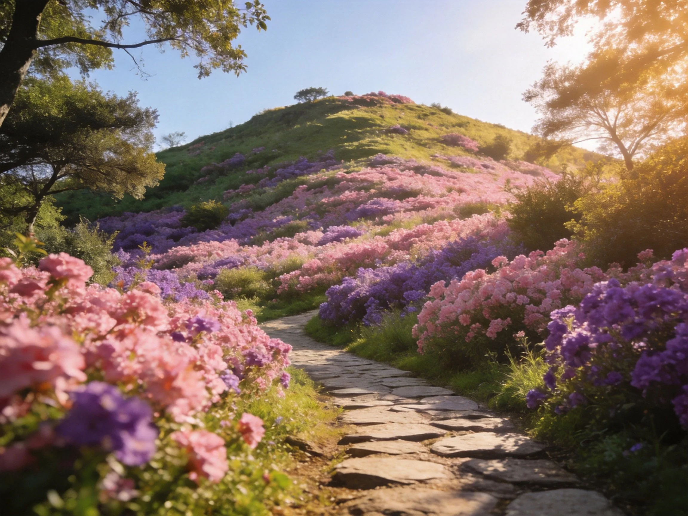 A stone path winds through vibrant pink and purple flower fields toward a green hill