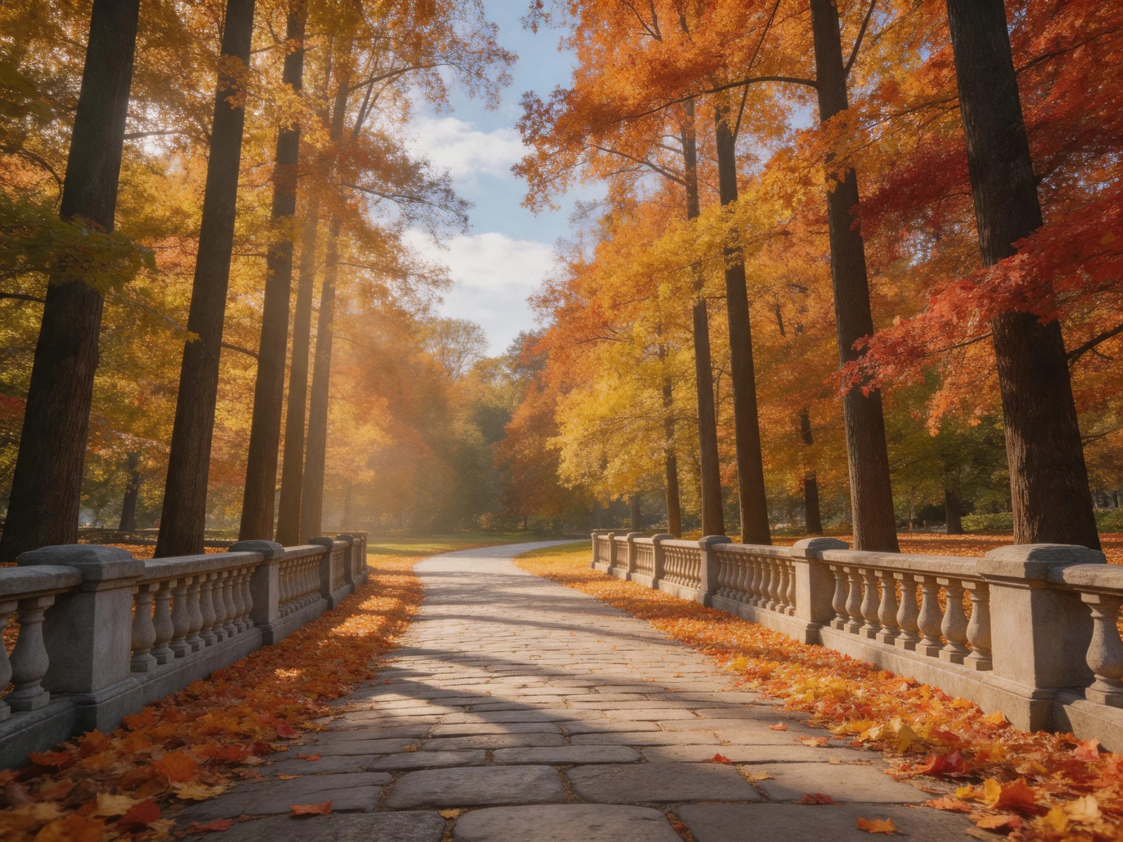 A stone pathway lined with vibrant autumn trees and fallen leaves