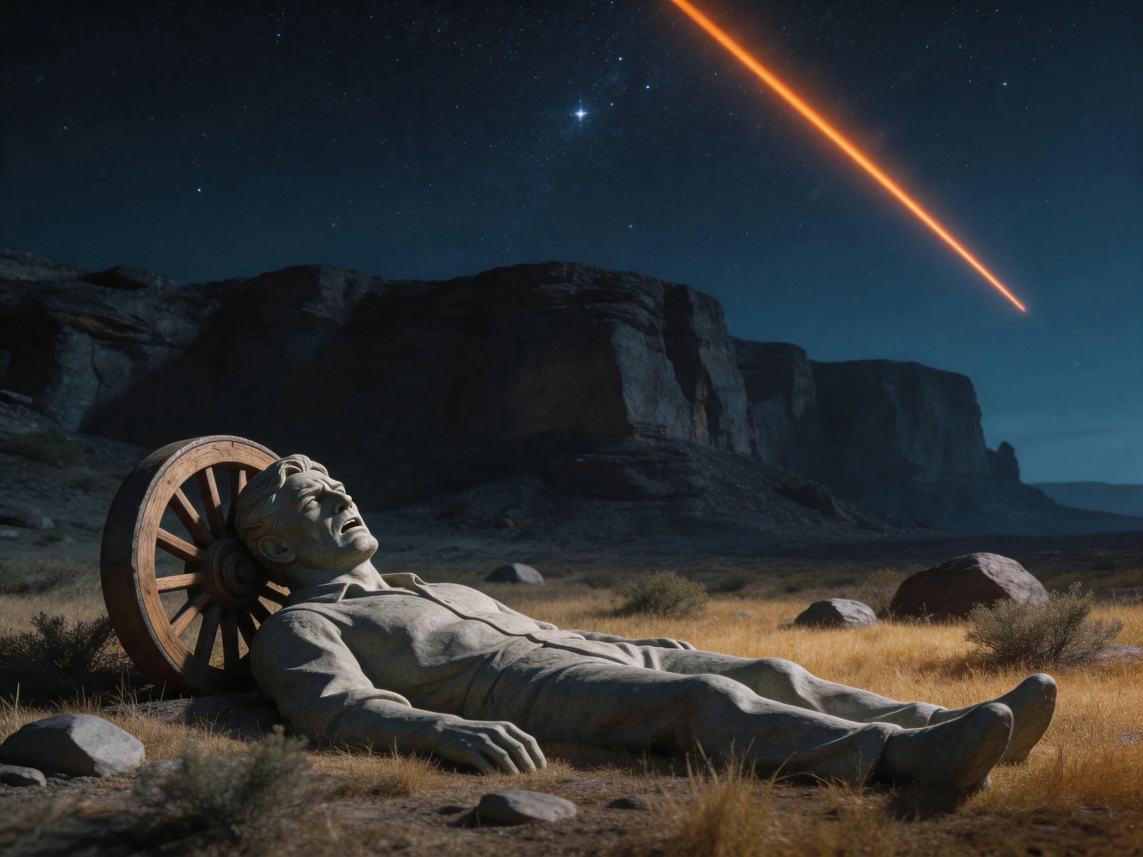 A stone statue lies by a wooden wheel under a starry night with an orange beam