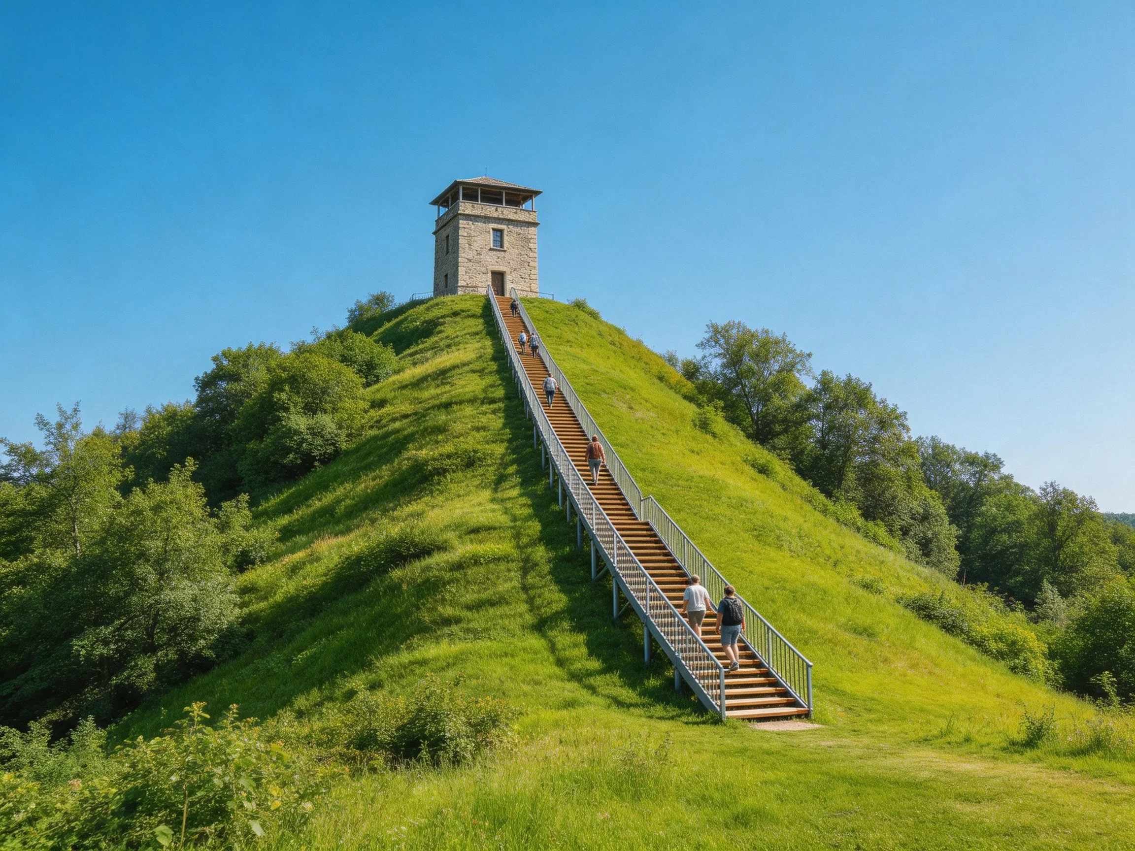 A stone tower atop a lush green hill with wooden stairs