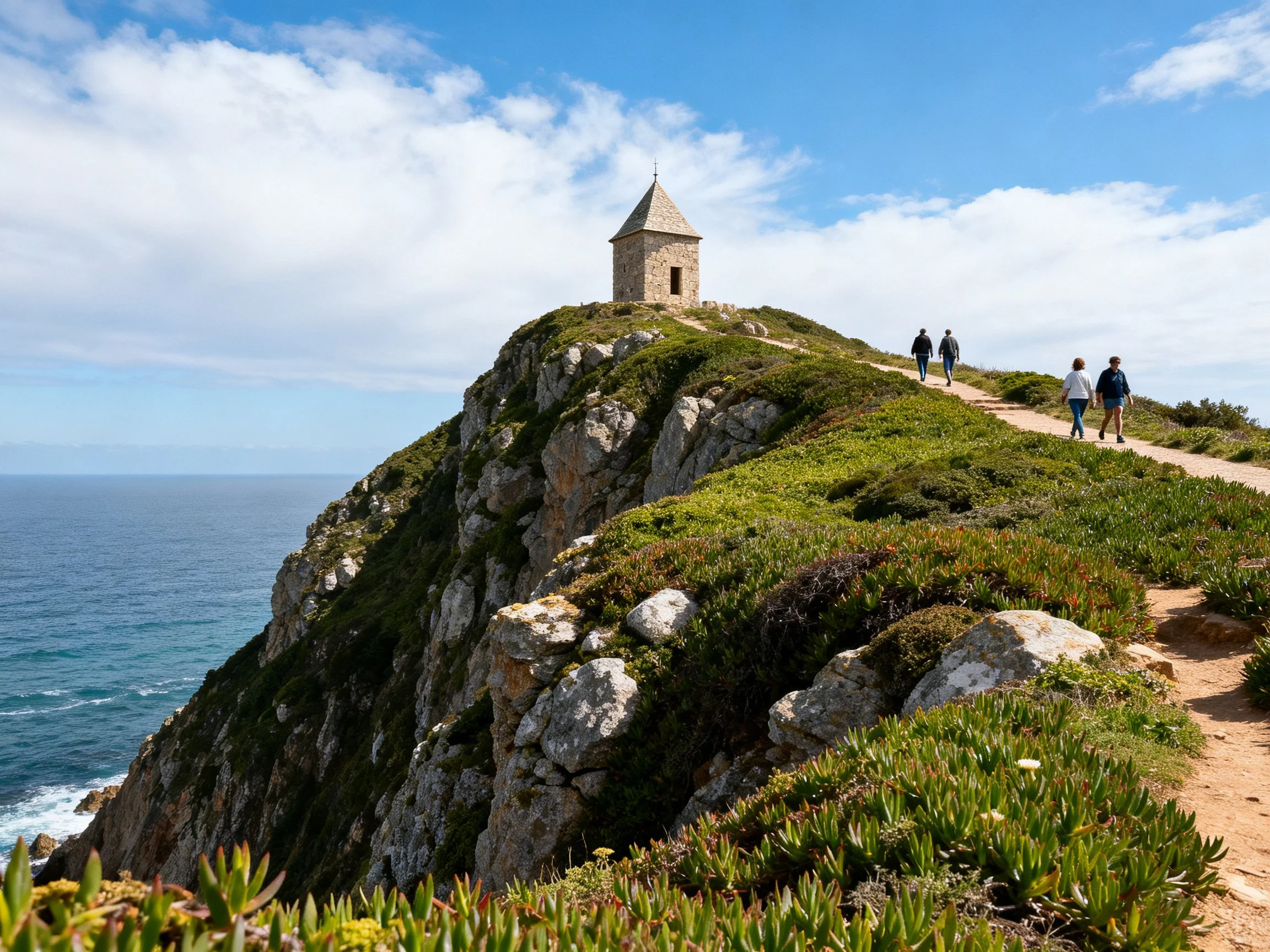 A stone tower atop a rocky coastal cliff with hikers