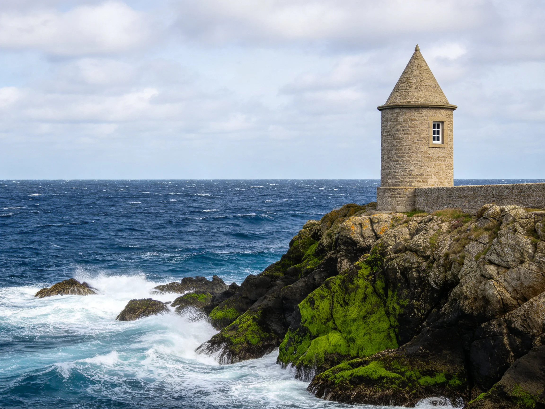 A stone tower atop mossy rocky cliffs by the turbulent blue sea