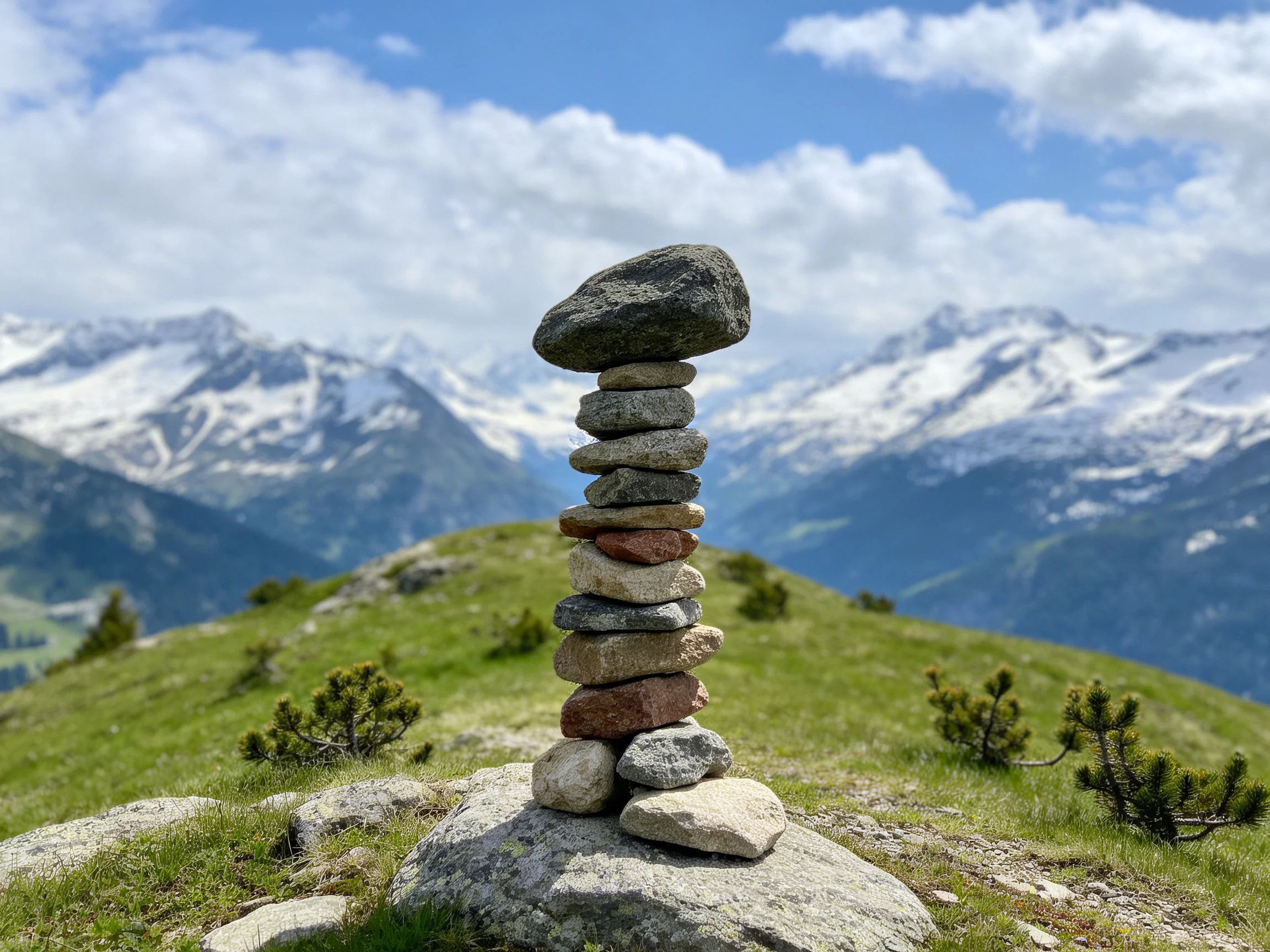 A stone tower balances atop a grassy hill near snow-capped mountains