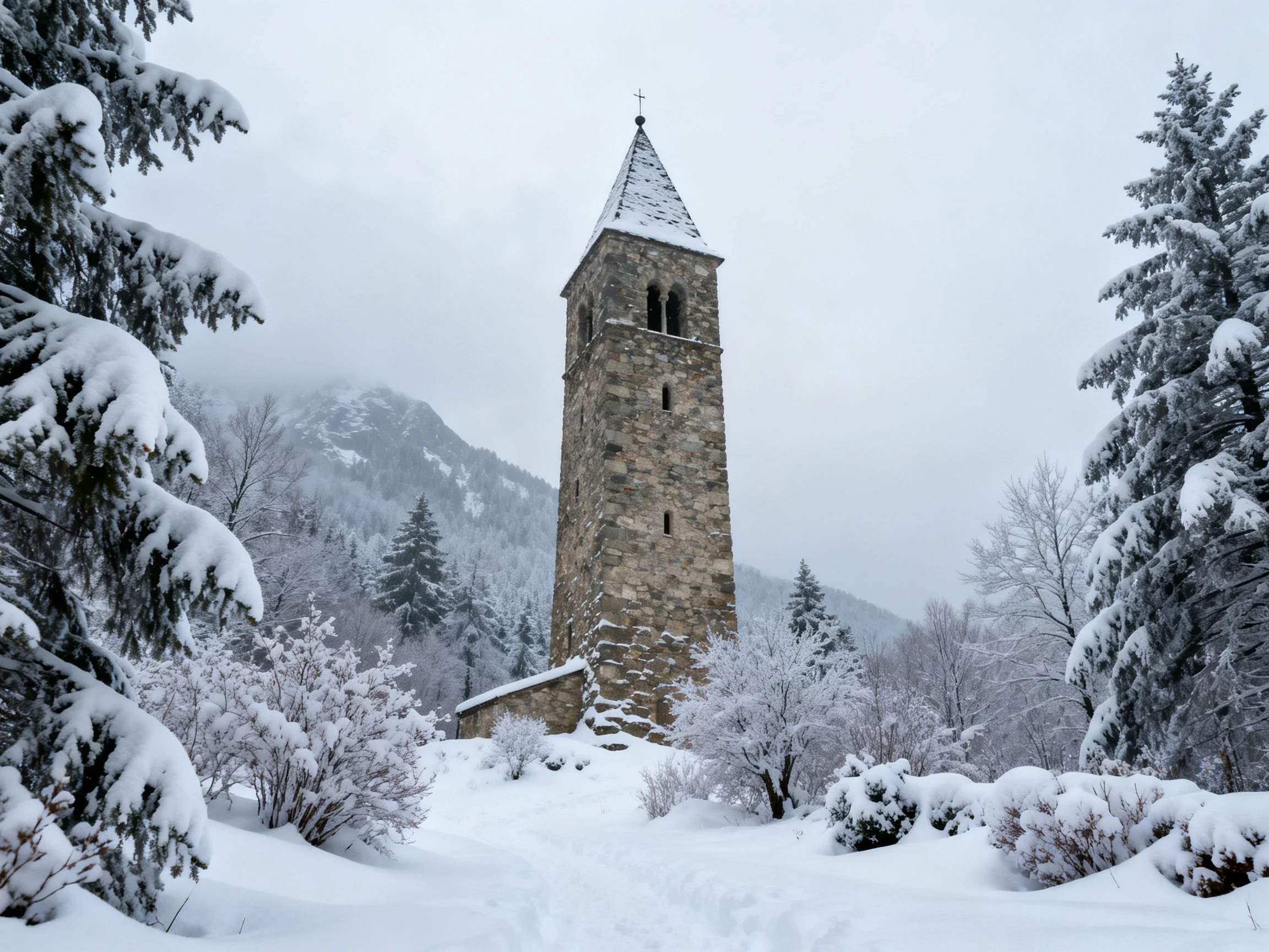 A stone tower stands amid snow-laden evergreens and misty mountains