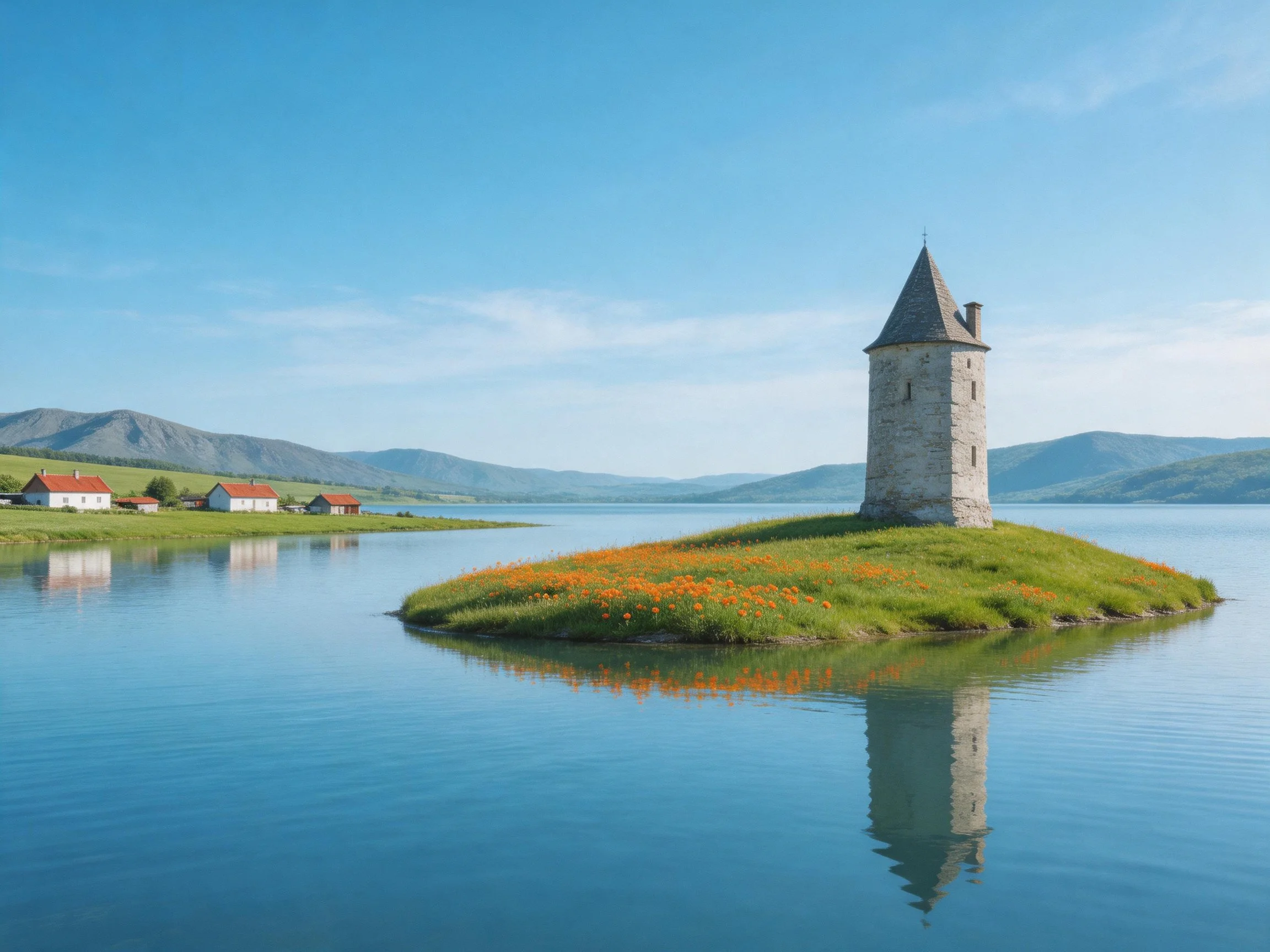 A stone tower stands on a flowered island amidst calm waters