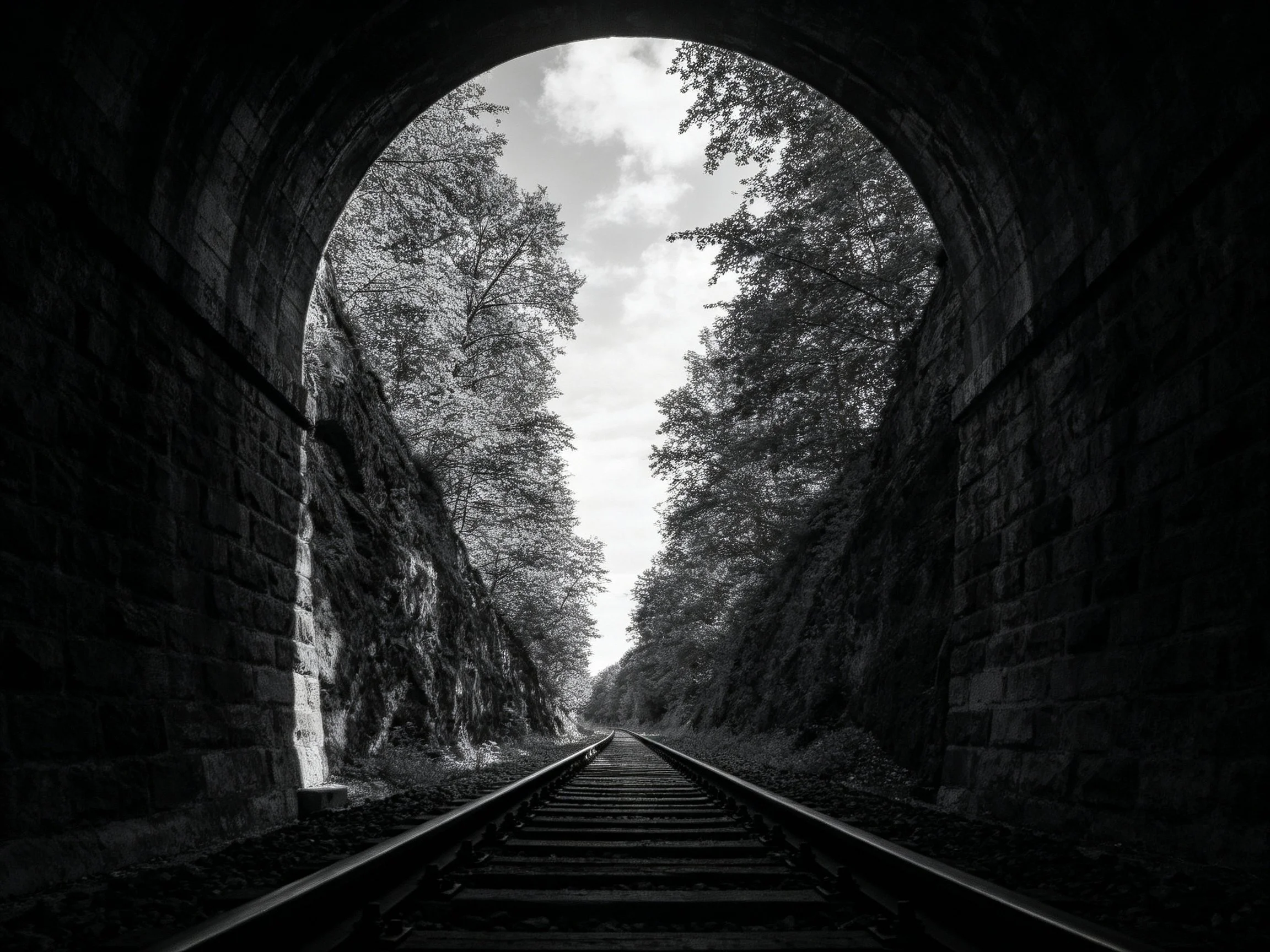 A stone tunnel with railroad tracks leading toward leafy trees