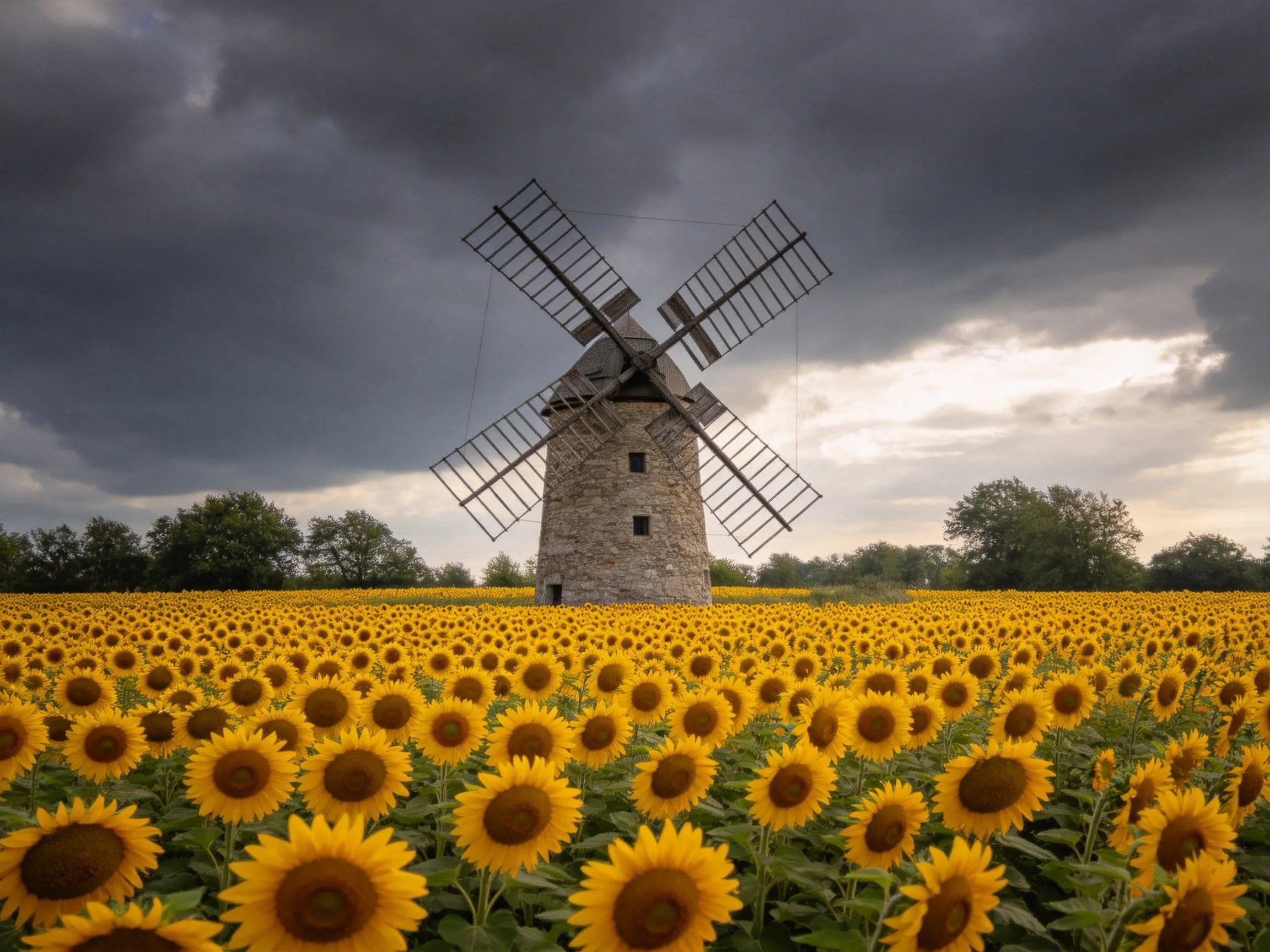A stone windmill amidst a vast yellow sunflower field under stormy skies